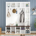 Farmhouse Wooden Hall Tree with 6 Hooks, Walnut Storage Bench with Adjustable Shelves, 4-in-1 Entryway Shoe Cabinet with Cubbies for Mudroom, Living Room, White, 76.7'H (OLD SKU: N721S000044K) - Grand Goldman Shop