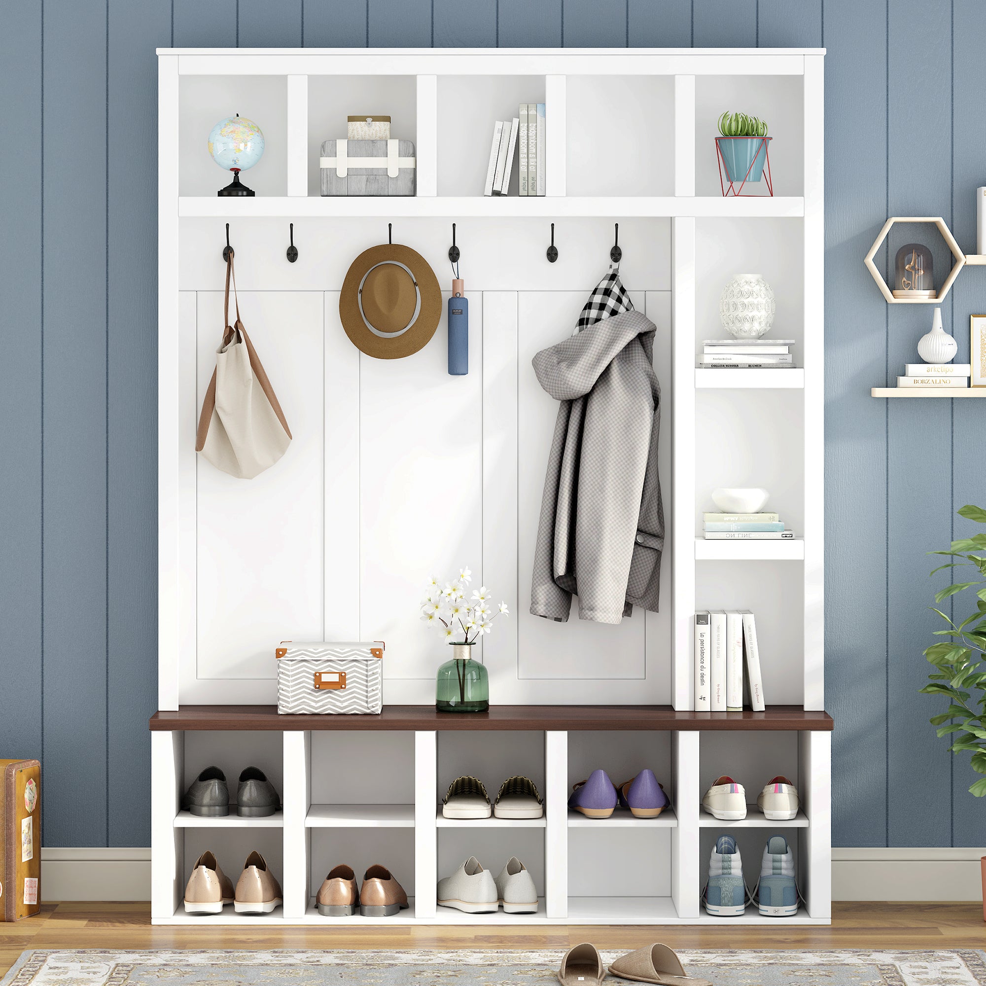 Farmhouse Wooden Hall Tree with 6 Hooks, Walnut Storage Bench with Adjustable Shelves, 4-in-1 Entryway Shoe Cabinet with Cubbies for Mudroom, Living Room, White, 76.7'H (OLD SKU: N721S000044K) - Grand Goldman Shop