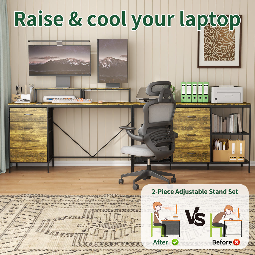 Industrial L-Shaped Computer Desk with Power Outlets & USB-C, Rustic Brown Metal Frame, 6 Fabric Drawers, 3 Open Shelves, Mov