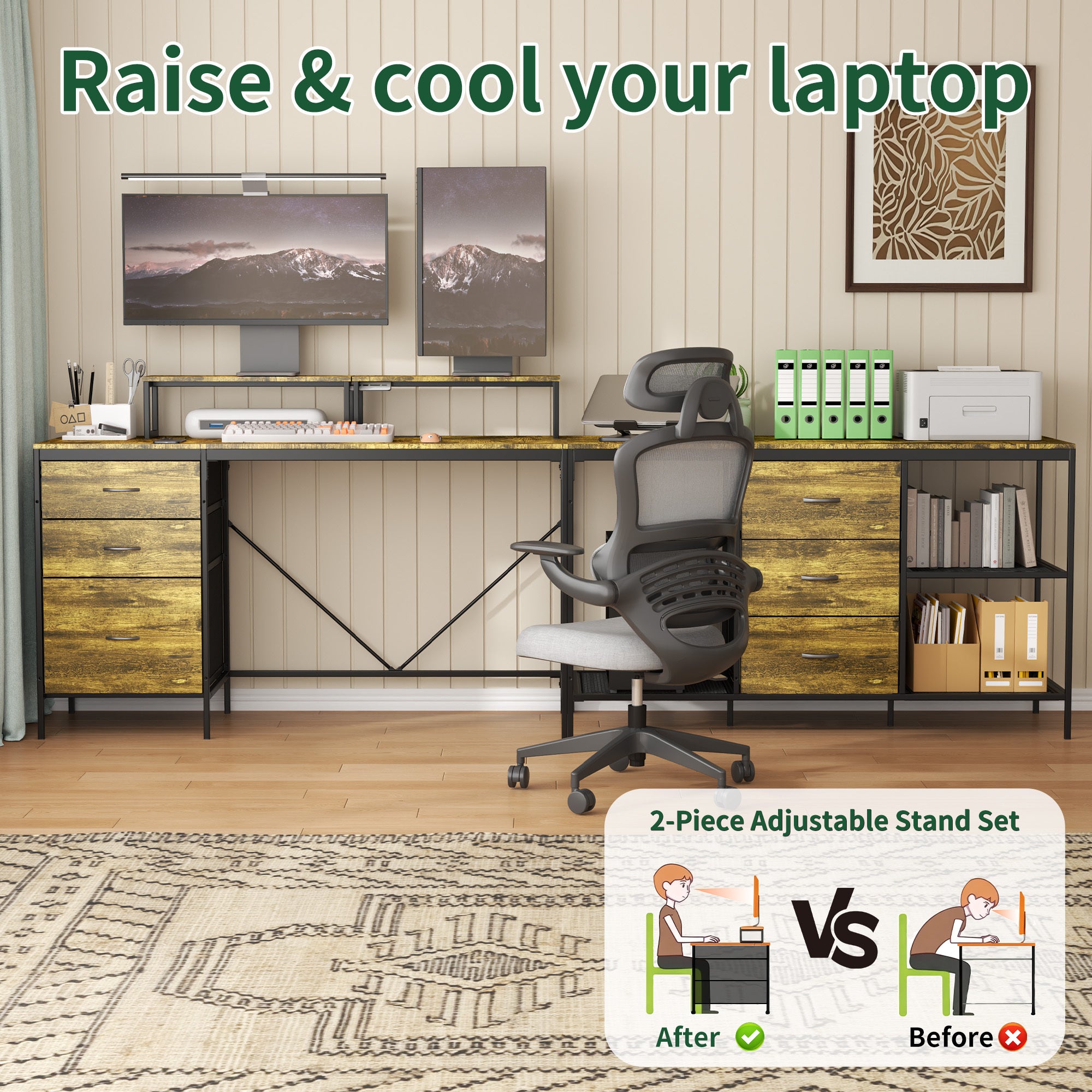 Industrial L-Shaped Computer Desk with Power Outlets & USB-C, Rustic Brown Metal Frame, 6 Fabric Drawers, 3 Open Shelves, Mov
