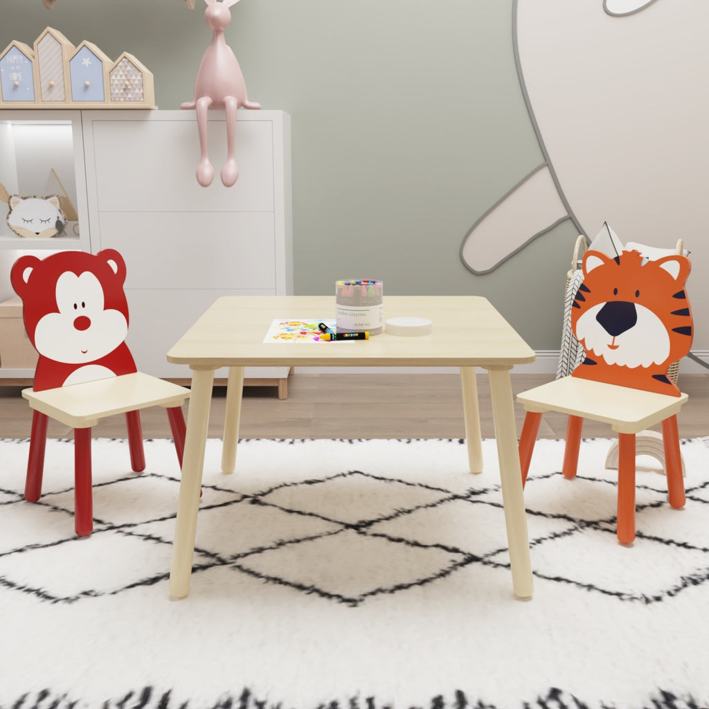 Kids Table and 2 Chairs Set, Wooden Activity Play Table Set with Bear & Tiger Design in White & Orange, Solid Wood and MDF Co