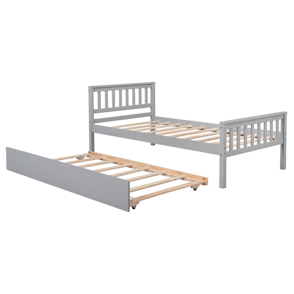 Twin Bed with Trundle, Platform Bed Frame with Headboard and Footboard, for Bedroom Small Living Space,No Box Spring Needed,Grey - Grand Goldman Shop