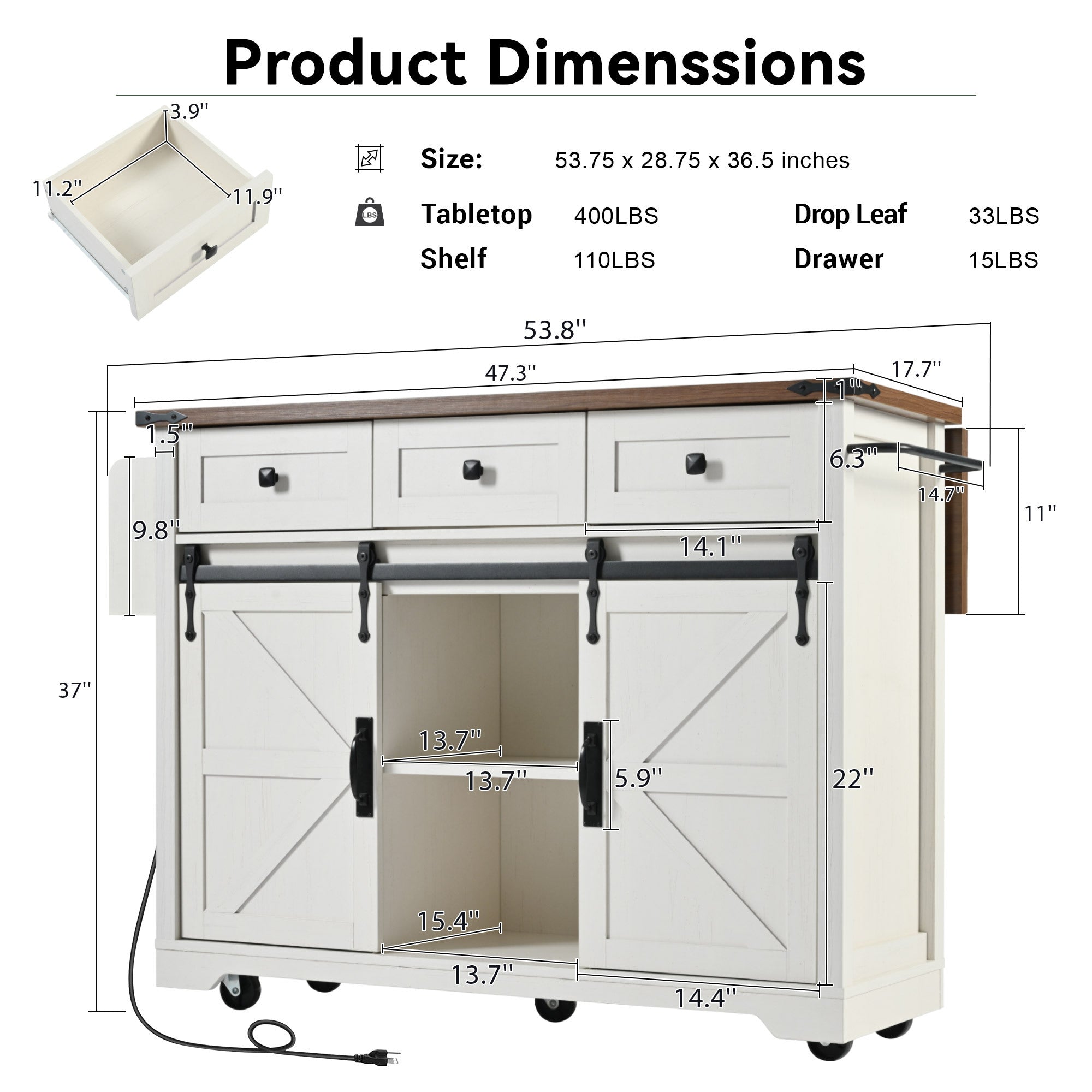 K&K 53.7' Farmhouse Kitchen Island with Power Outlet, 2 Sliding Barn Door Kitchen Storage Island with Drop Leaf, Spice Rack Rolling Kitchen Cart on Wheels, for Home, Kitchen and Dining Room, White - Grand Goldman Shop