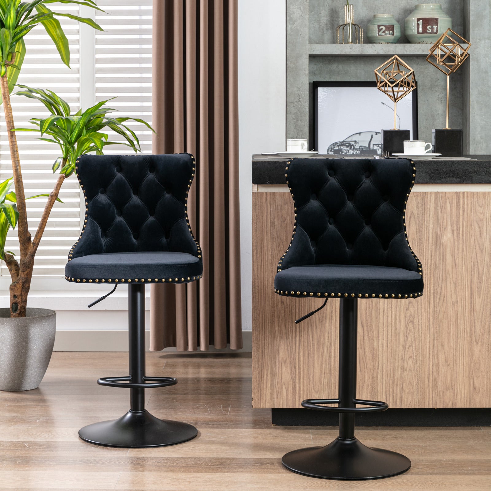 A&A Furniture,Swivel Velvet Barstools Adjusatble Seat Height from 25-33 Inch,17.7 inch base, Modern Upholstered Bar Stools with Backs Comfortable Tufted for Home Pub and Kitchen Island,Black,Set of 2 - Grand Goldman Shop