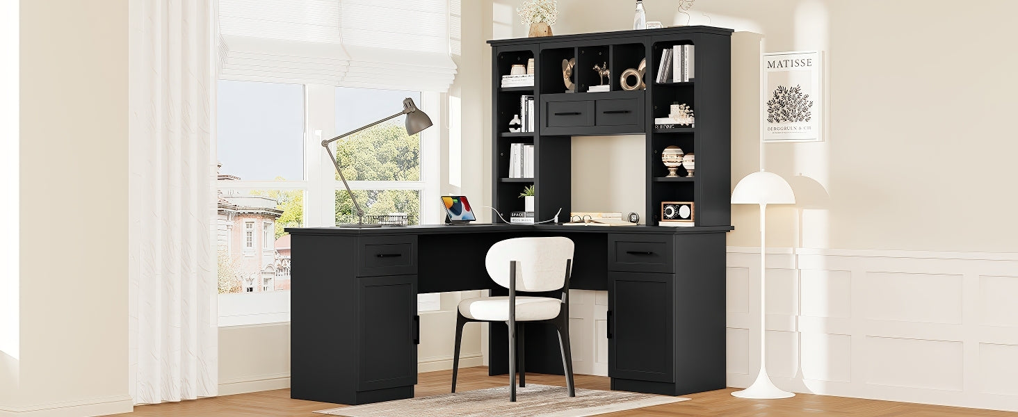 L-shaped computer desk with 2 cabinets and 2 drawers underneath the table, 11 open shelves and a flip-up shelf with storage o