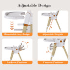 Convertible Baby High Chair to Rocker with 5-Point Harness, Foldable Infant Feeding Chair in White with Removable 2-Tier Easy
