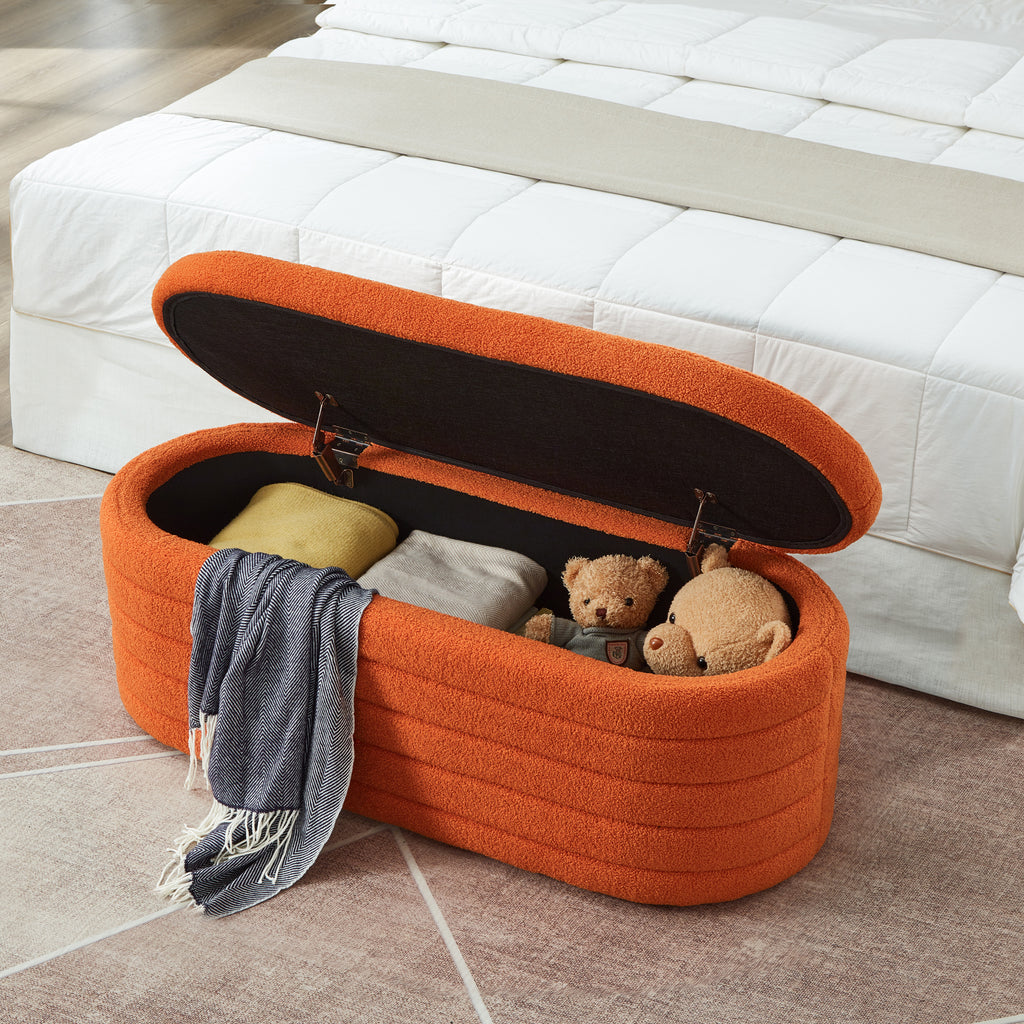 Modern Oval Storage Ottoman Bench, Upholstered Boucle Teddy Fabric End of Bed Bench with Storage, End of Bed Stool with Safety Hinge for Bedroom, Living Room, Entryway, Orange - Grand Goldman Shop