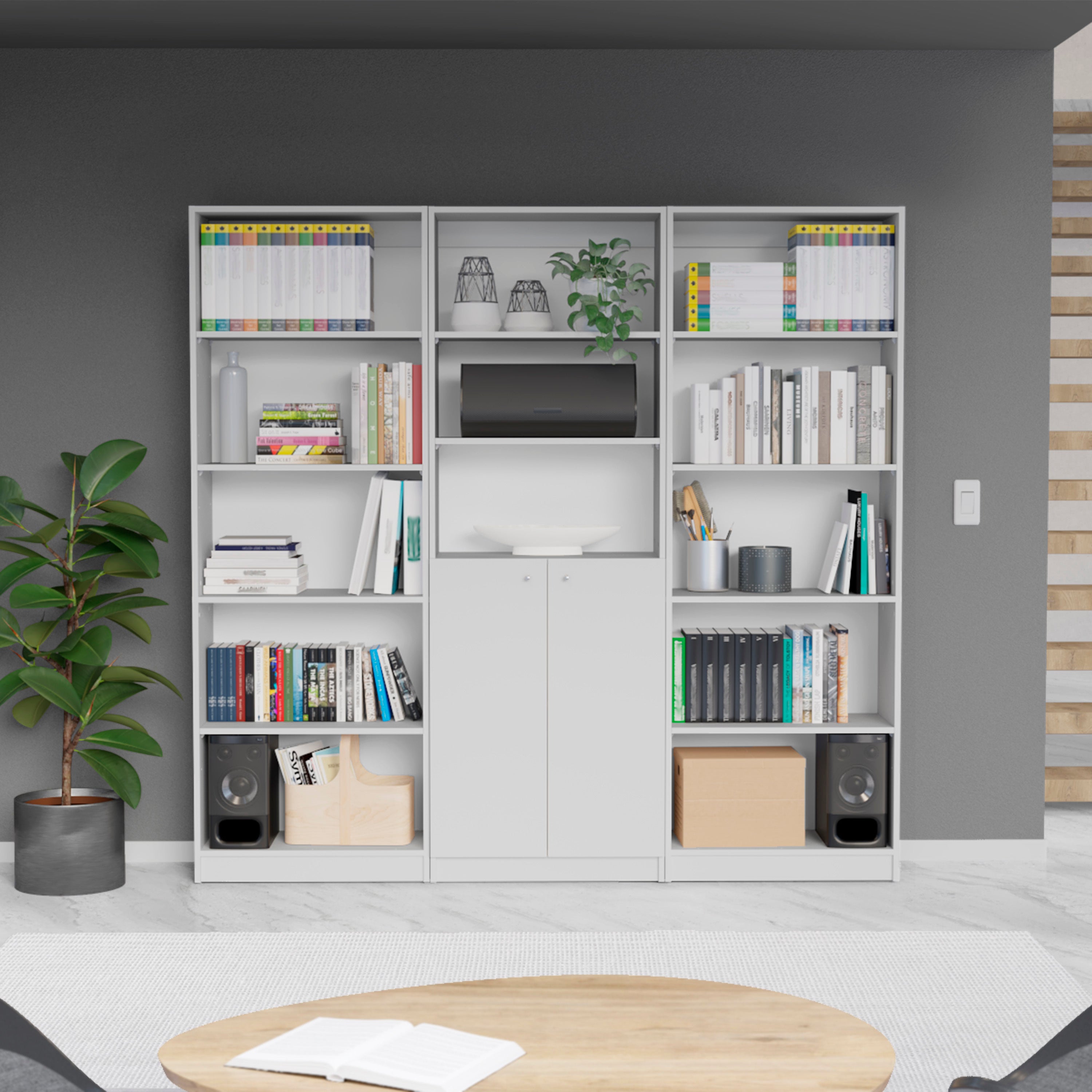 Lecanto 3 Piece Home Bookcase set, 74' Wide with 13 Shelves and 2-door Cabinet ,  Living Room Set  White | Premium Home Decor