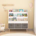 Kids Bookshelf with 3 Fabric Storage Bins, White Wooden Book Display Organizer for Toddlers and Children, Front-Facing Book R