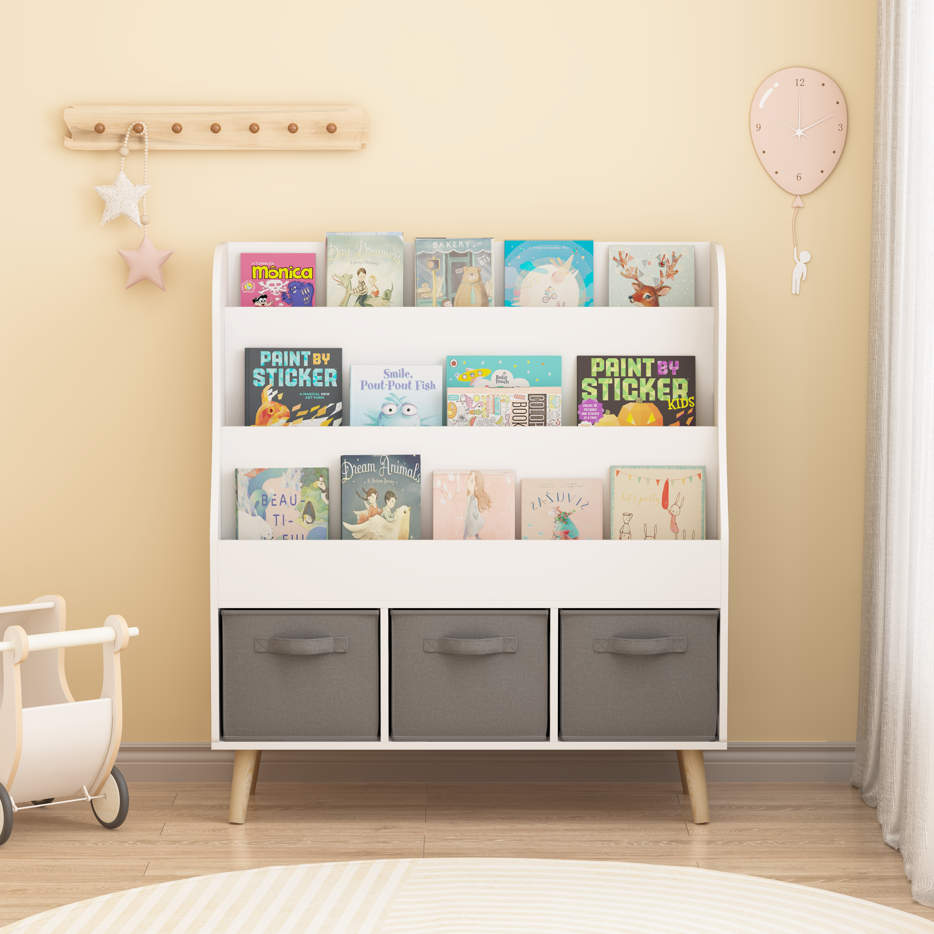 Kids Bookshelf with 3 Fabric Storage Bins, White Wooden Book Display Organizer for Toddlers and Children, Front-Facing Book R