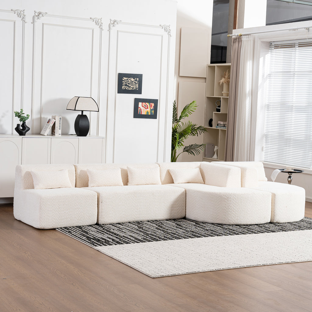 Modern Upholstered L-Shape Sofa with Chaise Lounge and Back Pillows, Beige Boucle Fabric, 144 inches - Grand Goldman Shop