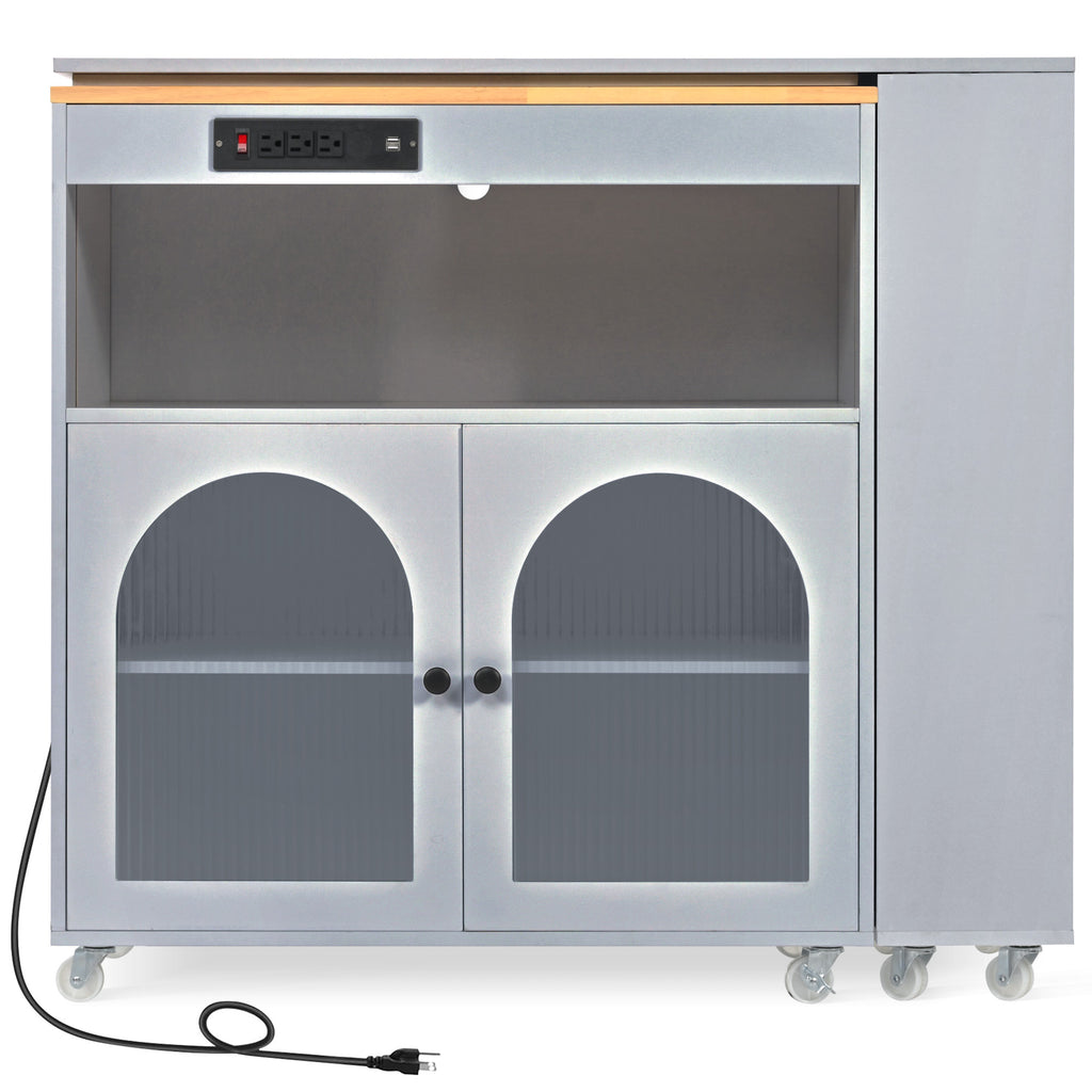 K&K Rolling Kitchen Island With Extended Table, Kitchen Island on Wheels with LED Lights,Power Outlets and 2 Fluted Glass Doors, Kitchen Island with a Storage Compartment and Side 3 Open Shelves, Grey - Grand Goldman Shop