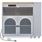 K&K Rolling Kitchen Island With Extended Table, Kitchen Island on Wheels with LED Lights,Power Outlets and 2 Fluted Glass Doors, Kitchen Island with a Storage Compartment and Side 3 Open Shelves, Grey - Grand Goldman Shop