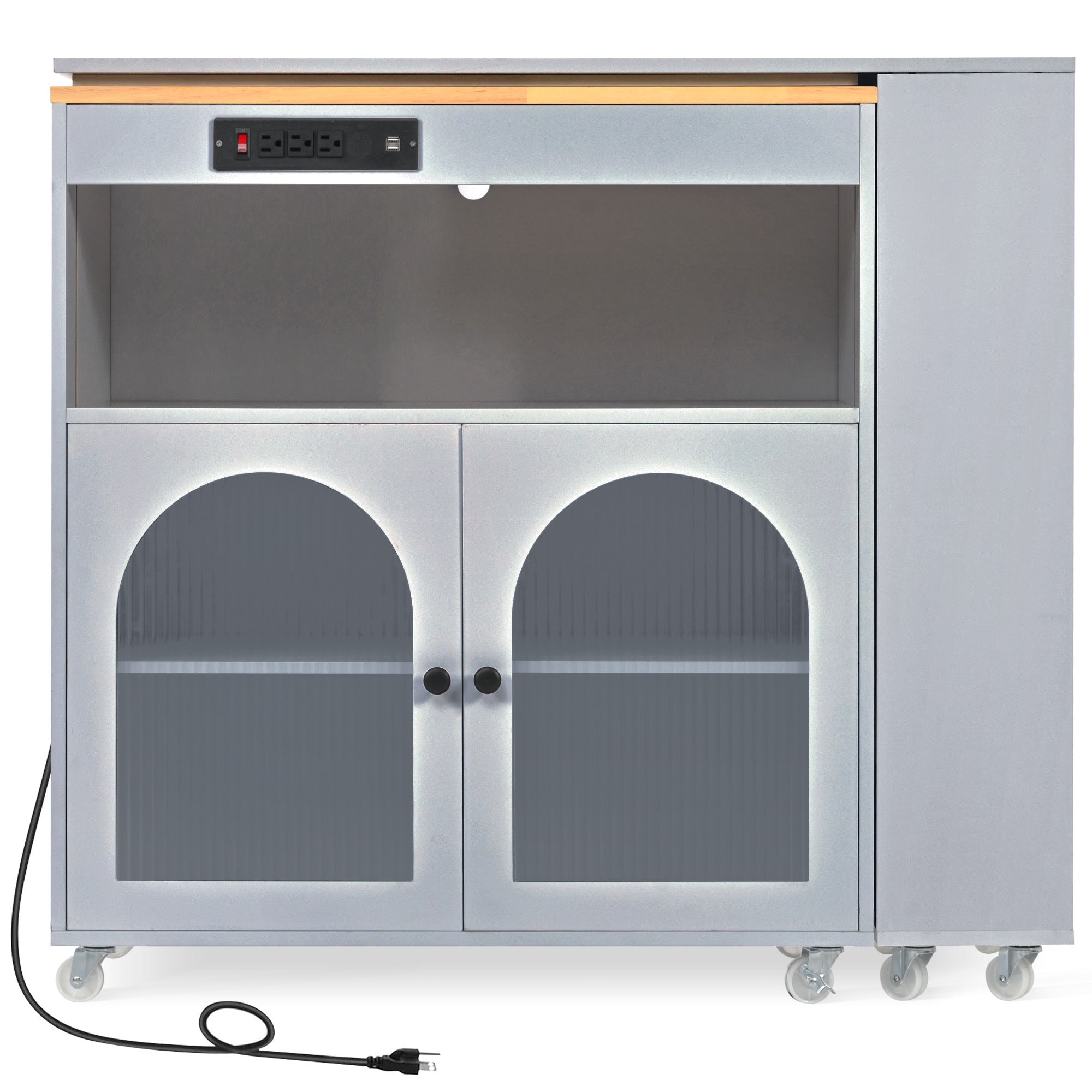 K&K Rolling Kitchen Island With Extended Table, Kitchen Island on Wheels with LED Lights,Power Outlets and 2 Fluted Glass Doors, Kitchen Island with a Storage Compartment and Side 3 Open Shelves, Grey - Grand Goldman Shop