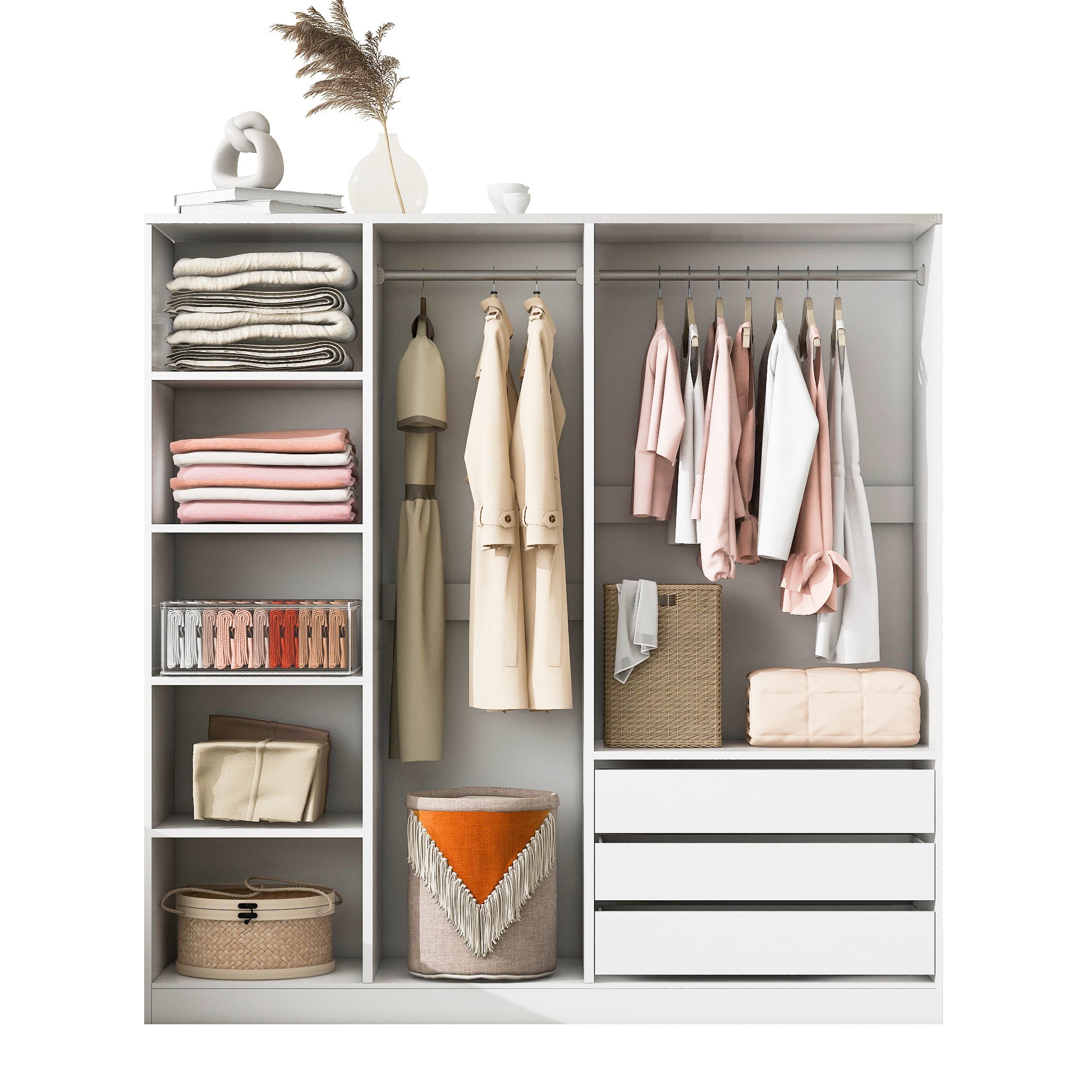 Doorless Wooden Storage Wardrobe for Dedroom with Shelves and 3 Drawers, White - Grand Goldman Shop