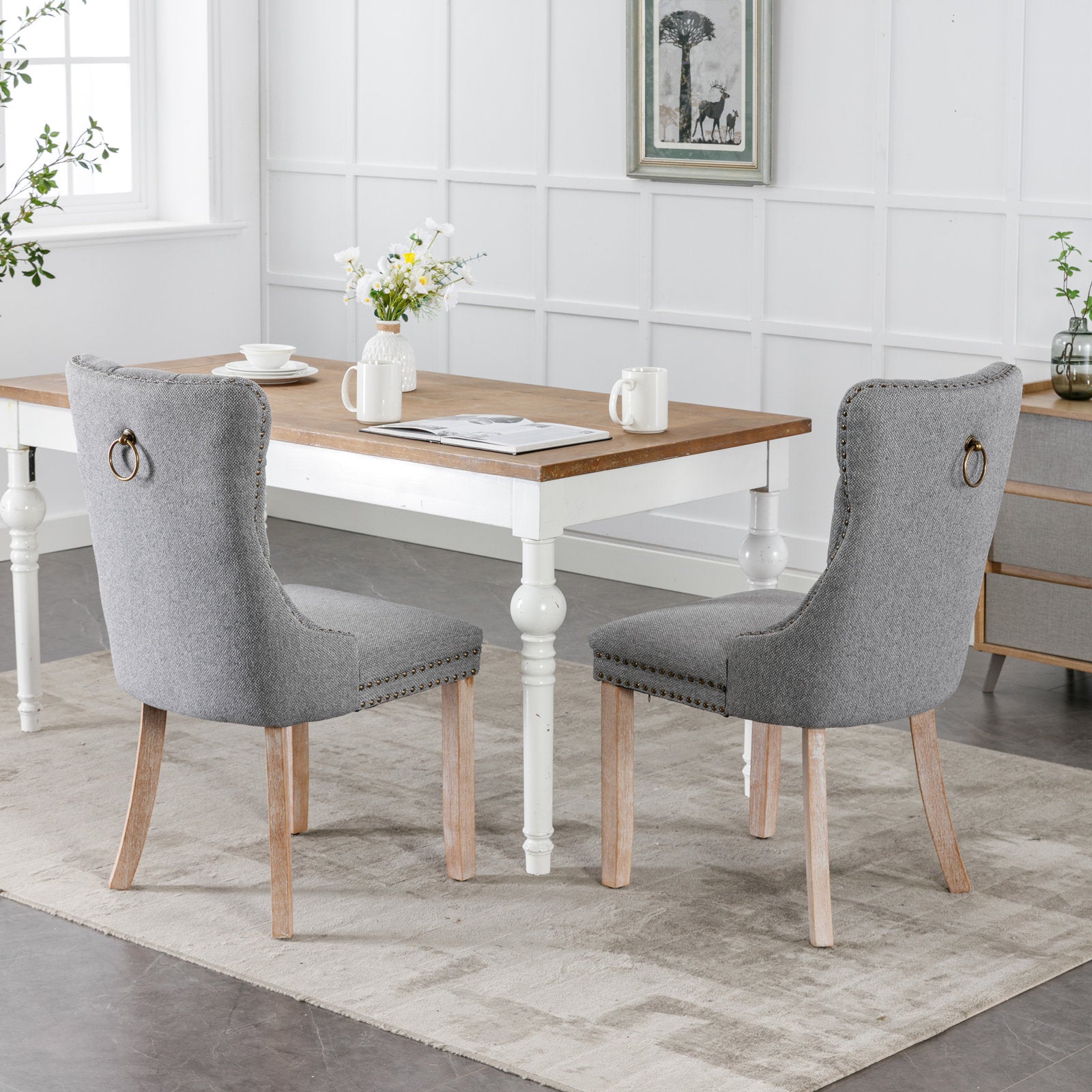 Nikki Collection Modern, High-end Tufted Solid Wood Contemporary Flax Upholstered Linen Dining Chair with Wood Legs Nailhead Trim 2-Pcs Set,Gray, SW6801GY - Grand Goldman Shop