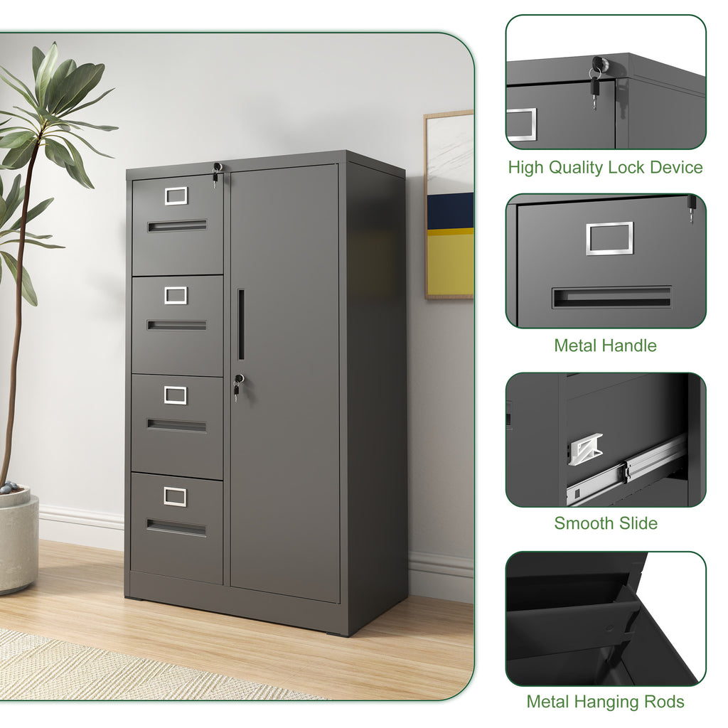 Sleek Black Metal Storage Vertical Filing Cabinet with Lock, 4-Drawer and 1-Door Steel File Locker for Home Office - Grand Go