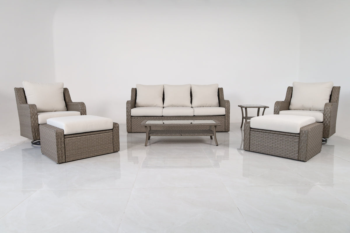 7-teiliges Rattan Outdoor-Möbelset für Garten & Veranda – Inklusive 3er-Sofa, Drehsesseln, Ottomanen & weißen Kissen