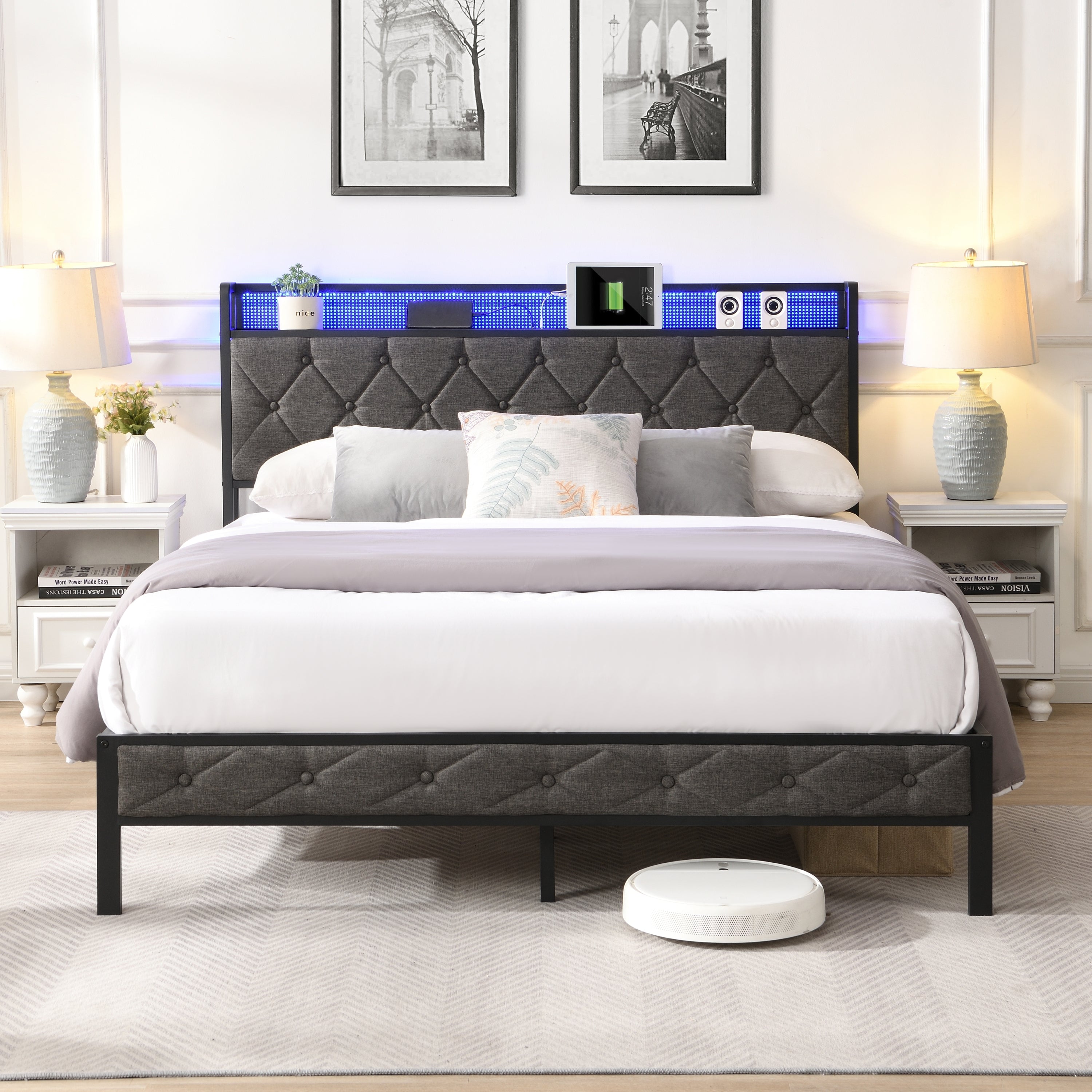 Full Bed Frame with  Storage Headboard, Charging Station and LED Lights, Upholstered Platform Bed with Heavy Metal Slats, No Box Spring Needed, Noise Free, Easy Assembly, Dark Gray - Grand Goldman Shop