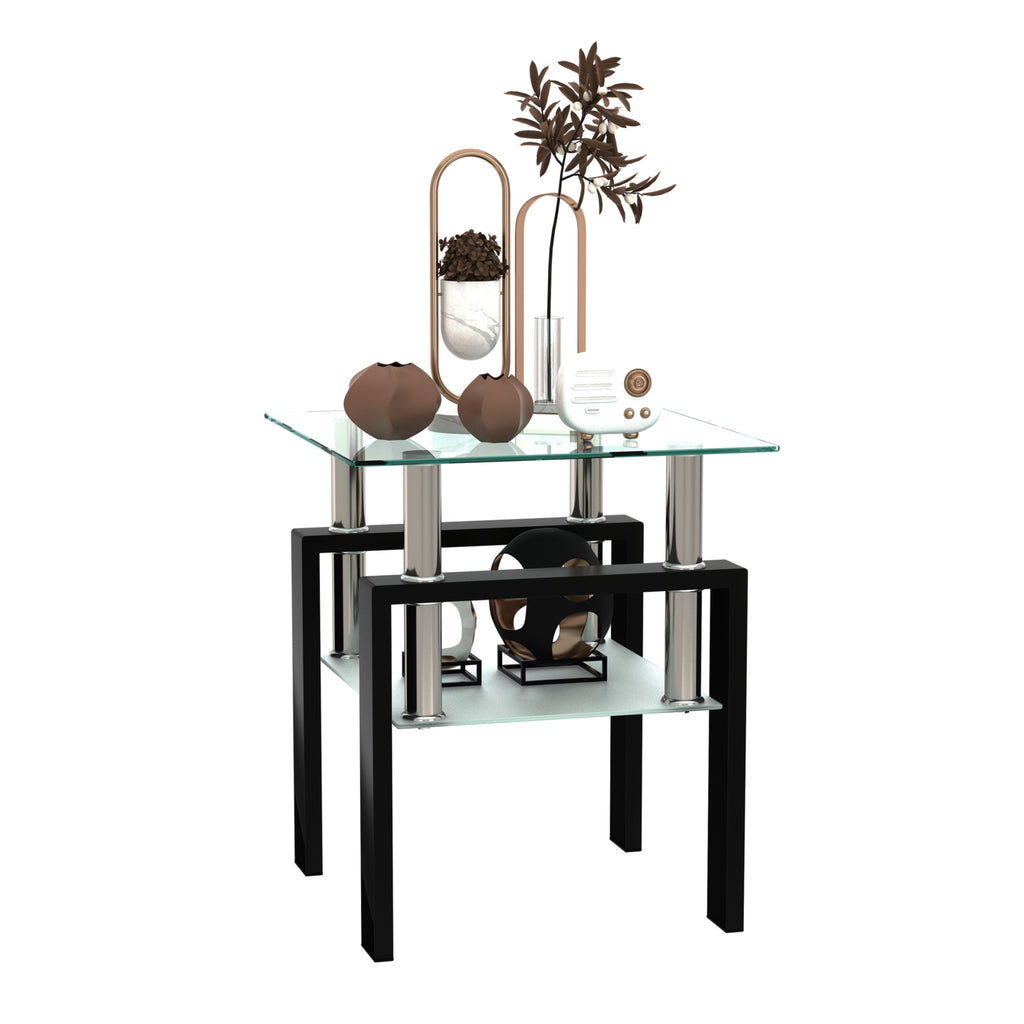 Modern Tempered Glass Tea Table Coffee Table End Table, Transparent/Black, Metal Leg, 17.72 x 17.72 x 20.5 inches - Grand Goldman Shop
