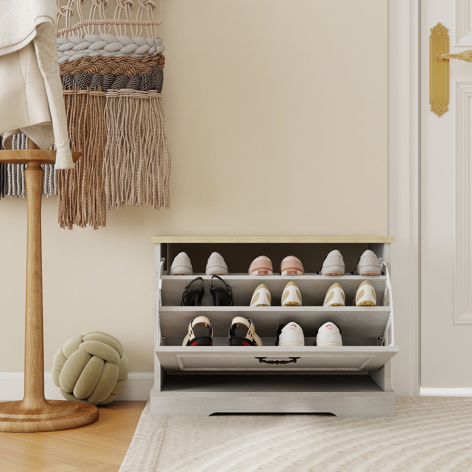 Shoe Storage Bench with 1 Flip Drawer and Adjustable Shelf, Small Shoe Cabinet  for Entryway, Hallway, Bedroom-Antique White - Grand Goldman Shop