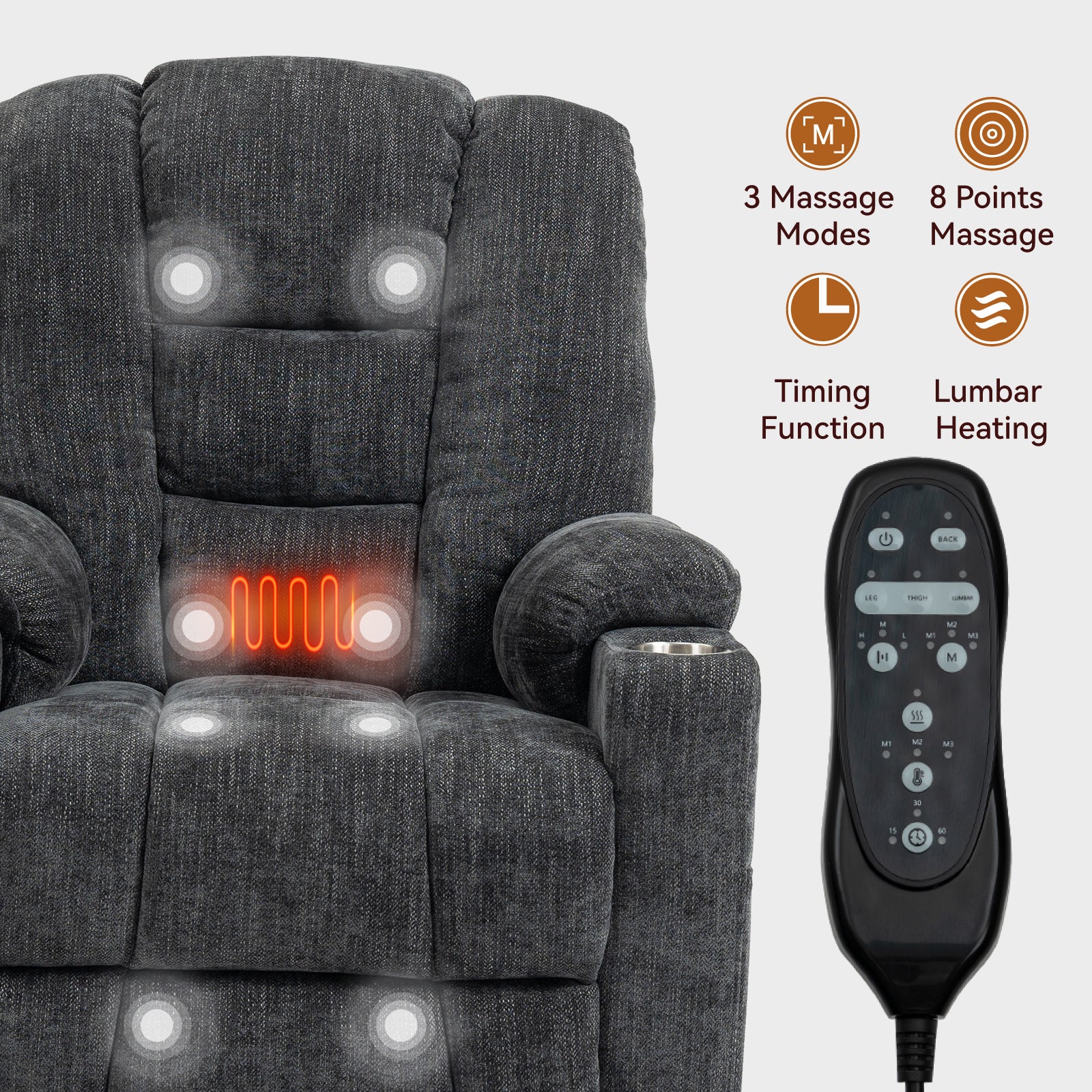 EMON'S Large Power Lift Recliner Chair with Massage and Heat for Elderly, Overstuffed Wide Recliners, Heavy Duty Motion Mechanism with USB and Type C Ports, 2 Steel Cup Holders, Gray - Grand Goldman Shop