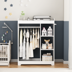 Kids Dress Up Storage with Mirror and Hooks, Wooden Dress Up Clothes Rack with Hanging Rod, 3 Side Hooks, Storage Shelves and