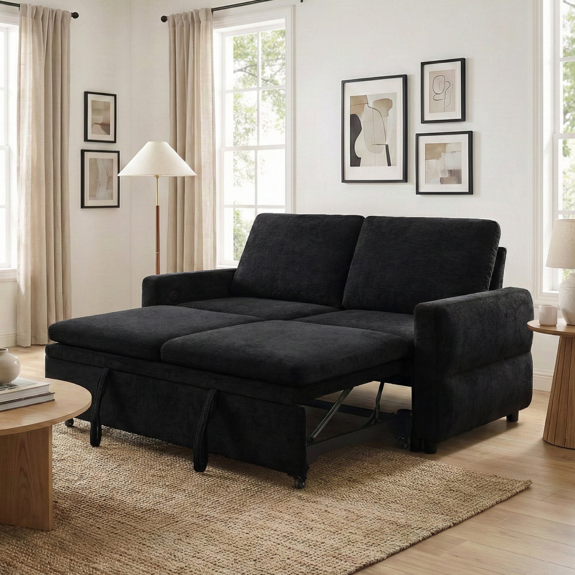 Black Convertible Sofa Bed Loveseat with Adjustable Backrest and USB Ports, 62.75' Chenille Upholstered Couch for Living Room or Small Space - Grand Goldman Shop