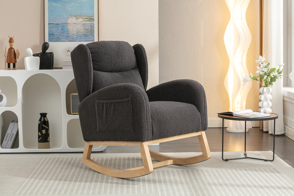 049-Teddy Fabric Rocking Chair With Packet Wood Legs,Dark Gray - Grand Goldman Shop