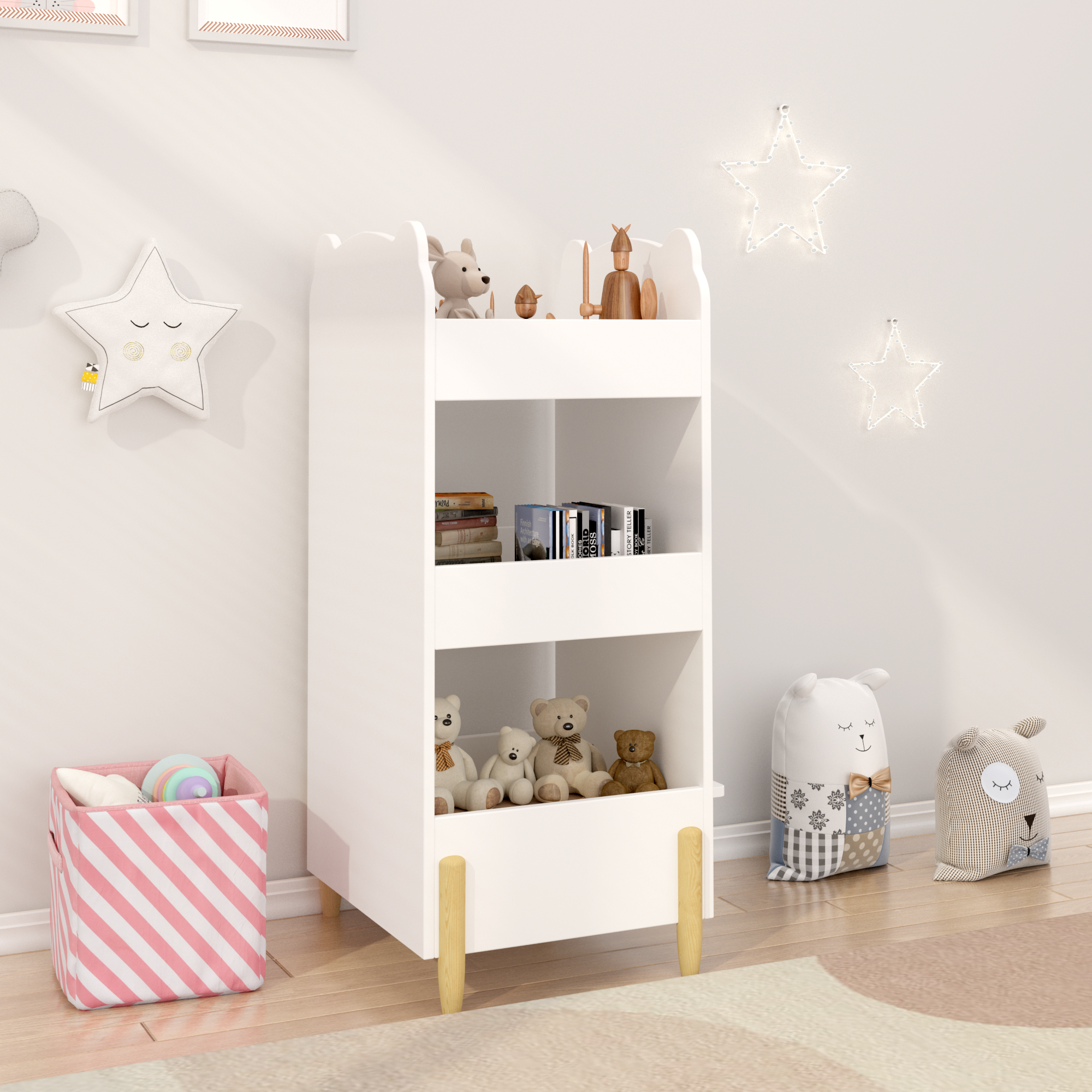 Kids Bookshelf with Chalkboard Side – Bear-Shaped Wooden Bookcase with 3-Tier Storage, Drawing Board for Toddlers, Toy and Bo