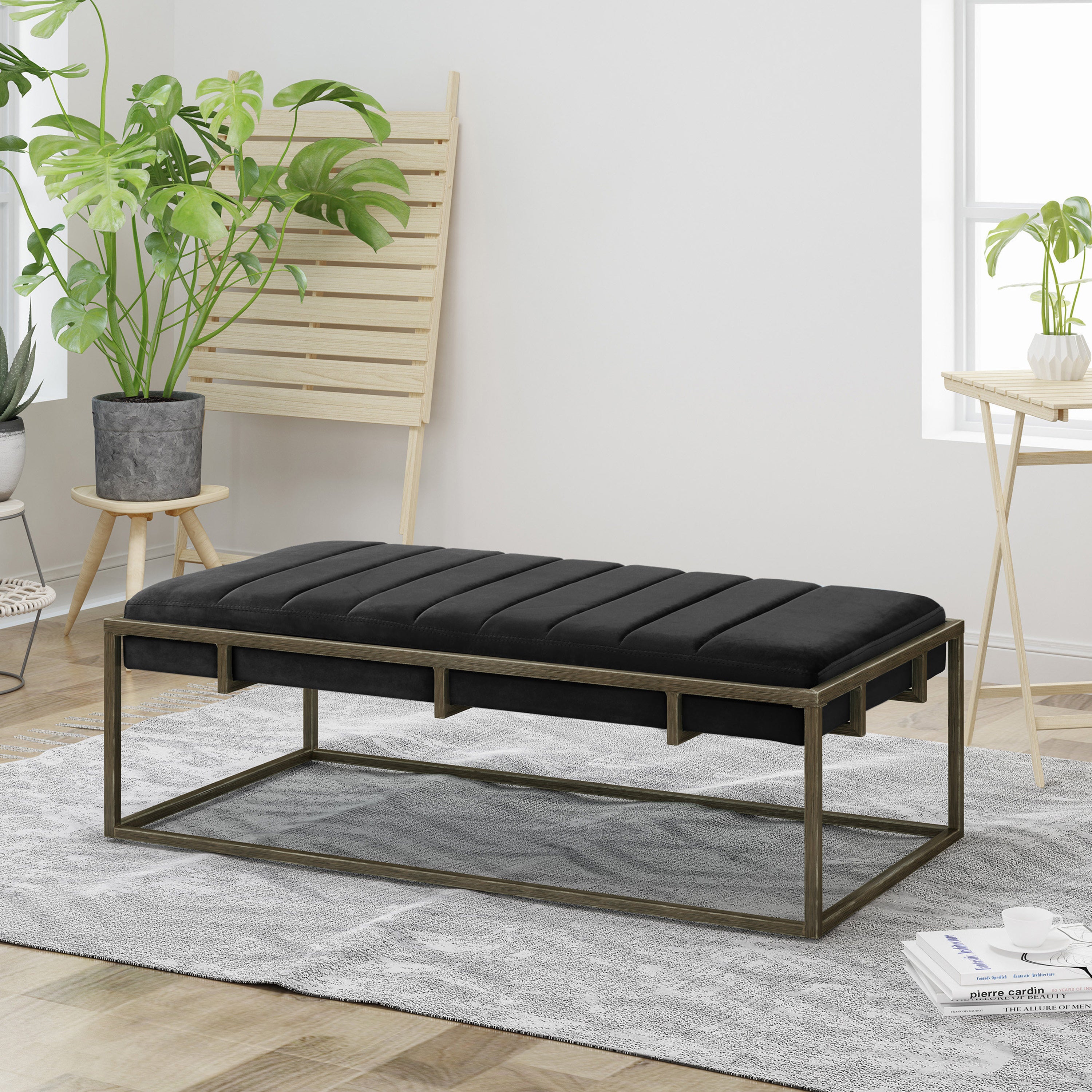 Upholstered Velvet Ottoman Bench with Brass Finish, Black - Grand Goldman Shop