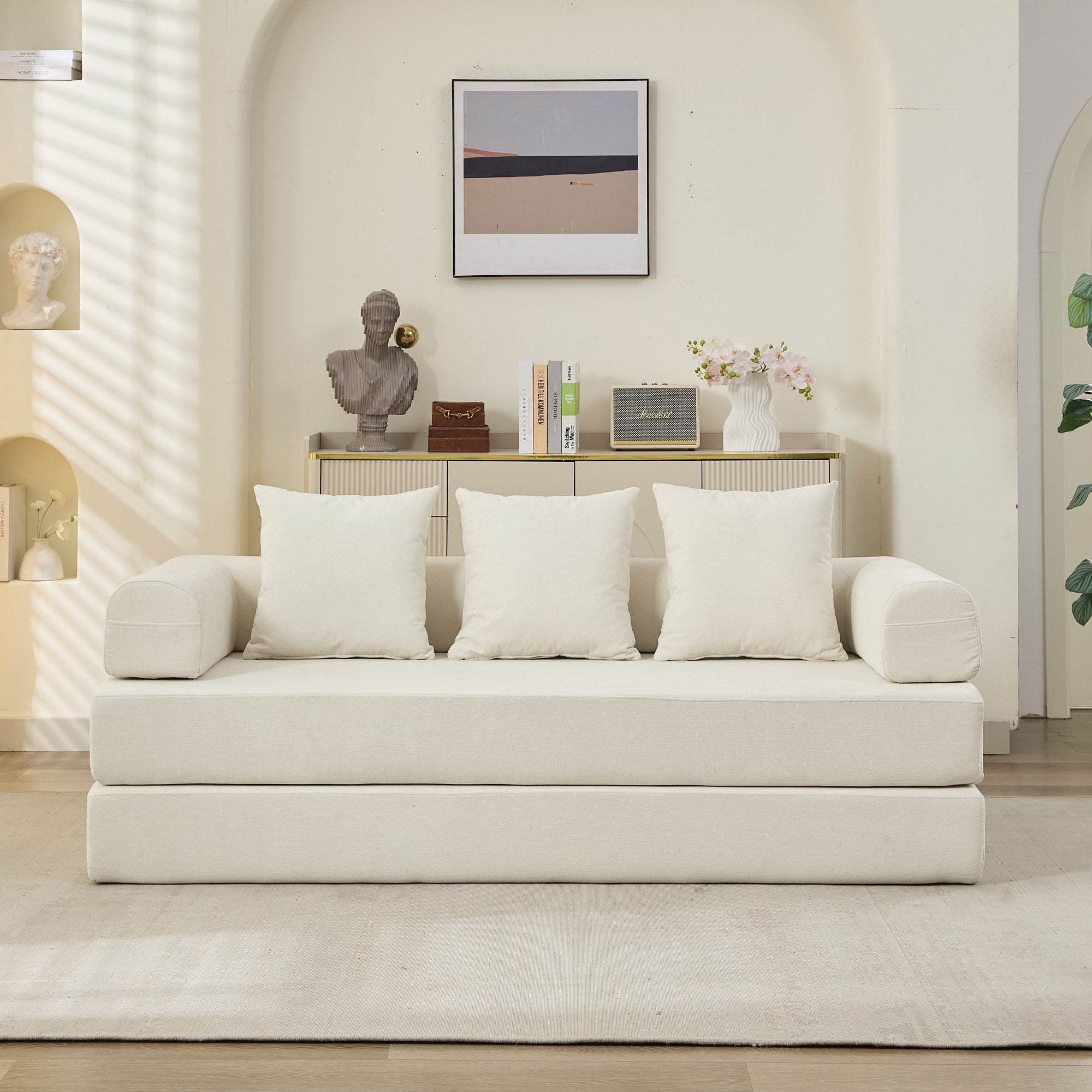 Comfy Convertible Folding Mattress Couch, Floor Sofa Bed, Chenille Floor Sofa with Armrest, Floor Sofa Lounge Couch for Living Room Bedroom Lounge Studio-Beige - Grand Goldman Shop