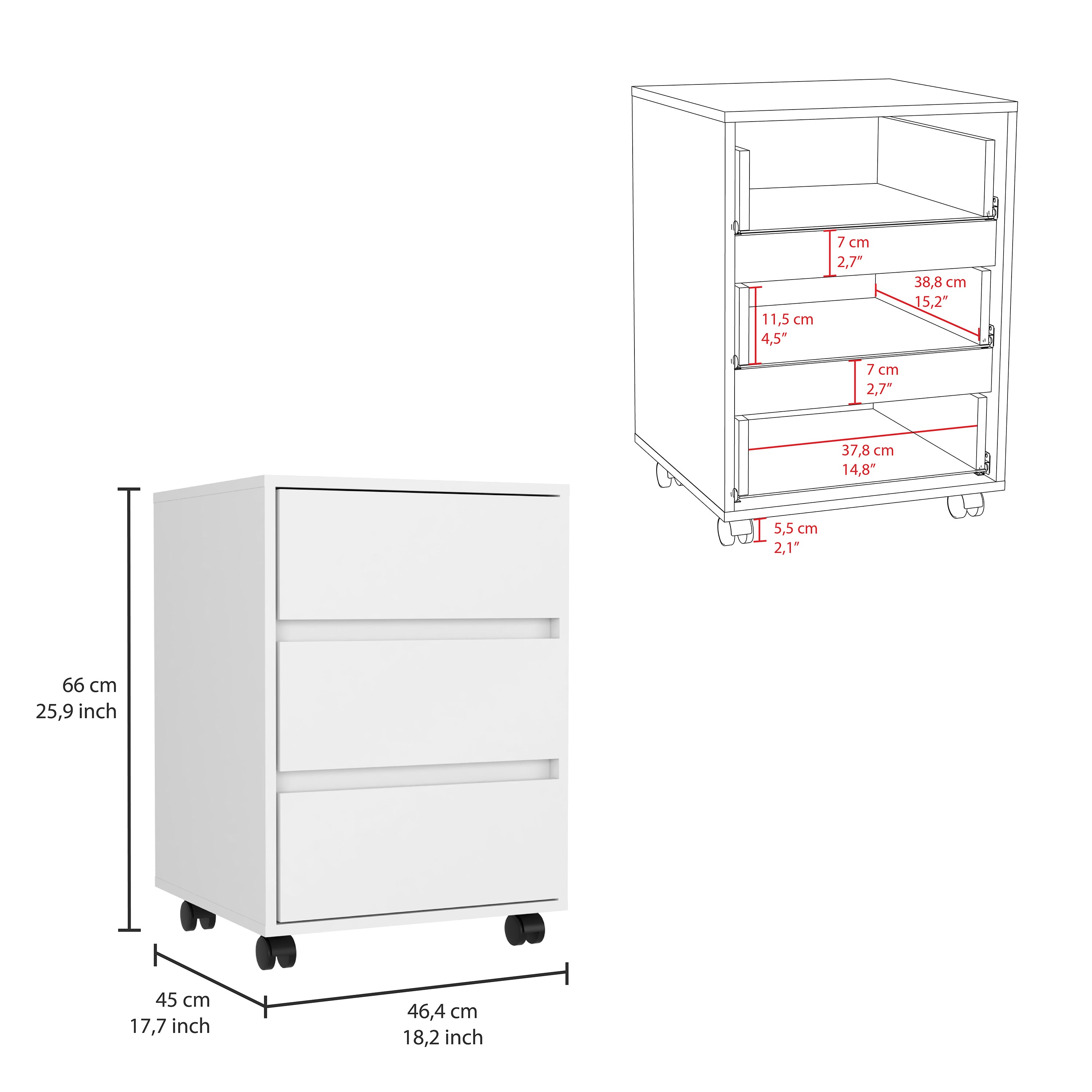 Artemisa 3 Drawer Filing Cabinet, Four Casters, Superior Top -White - Grand Goldman