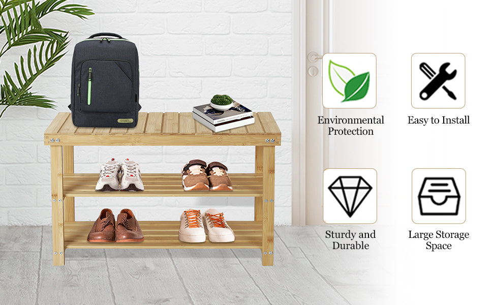 Hofitlead 27.5' Shoe Rack Solid Wood Shoe Bench, 3-Tier Shoe Organizer for Entryway Hallway(Light Brown) - Grand Goldman Shop