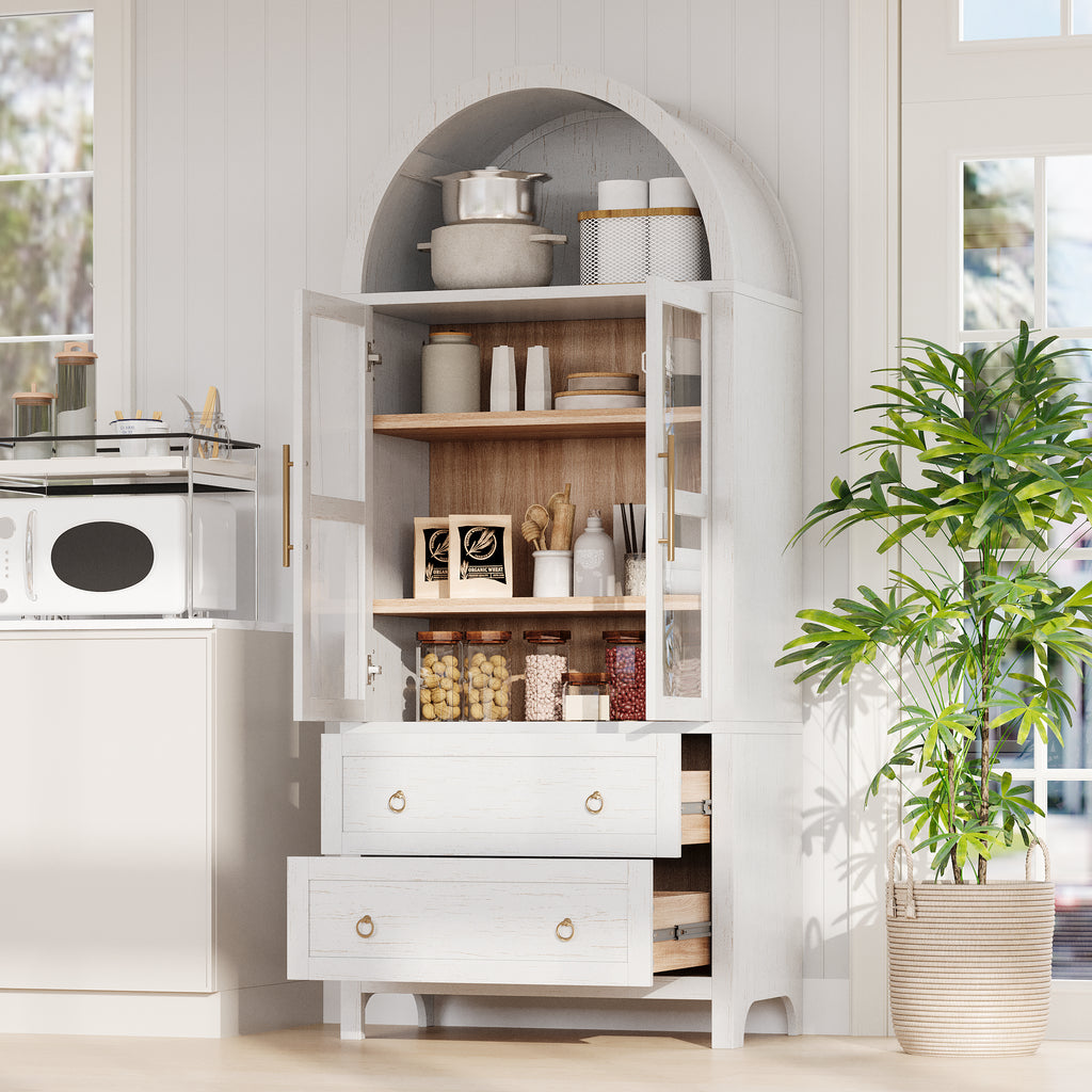 K&K 71' Tall Arched Kitchen Pantry Cabinet with 2 Large Drawers, Modern Farmhouse Kitchen Storage Cabinets with Adjustable Shelves, Glass Door, Wood Versatile Cupboard for Kitchens, Dining Room, White - Grand Goldman Shop