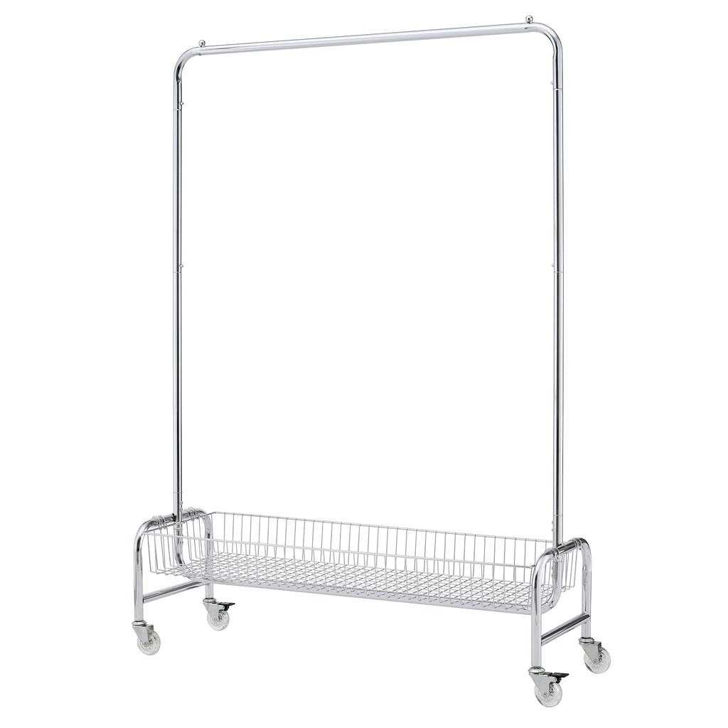 Heavy Duty Silver Iron Garment Rack with Basket on Wheels, 47.24 x 15.75 x 66.93 Inches - Grand Goldman Shop
