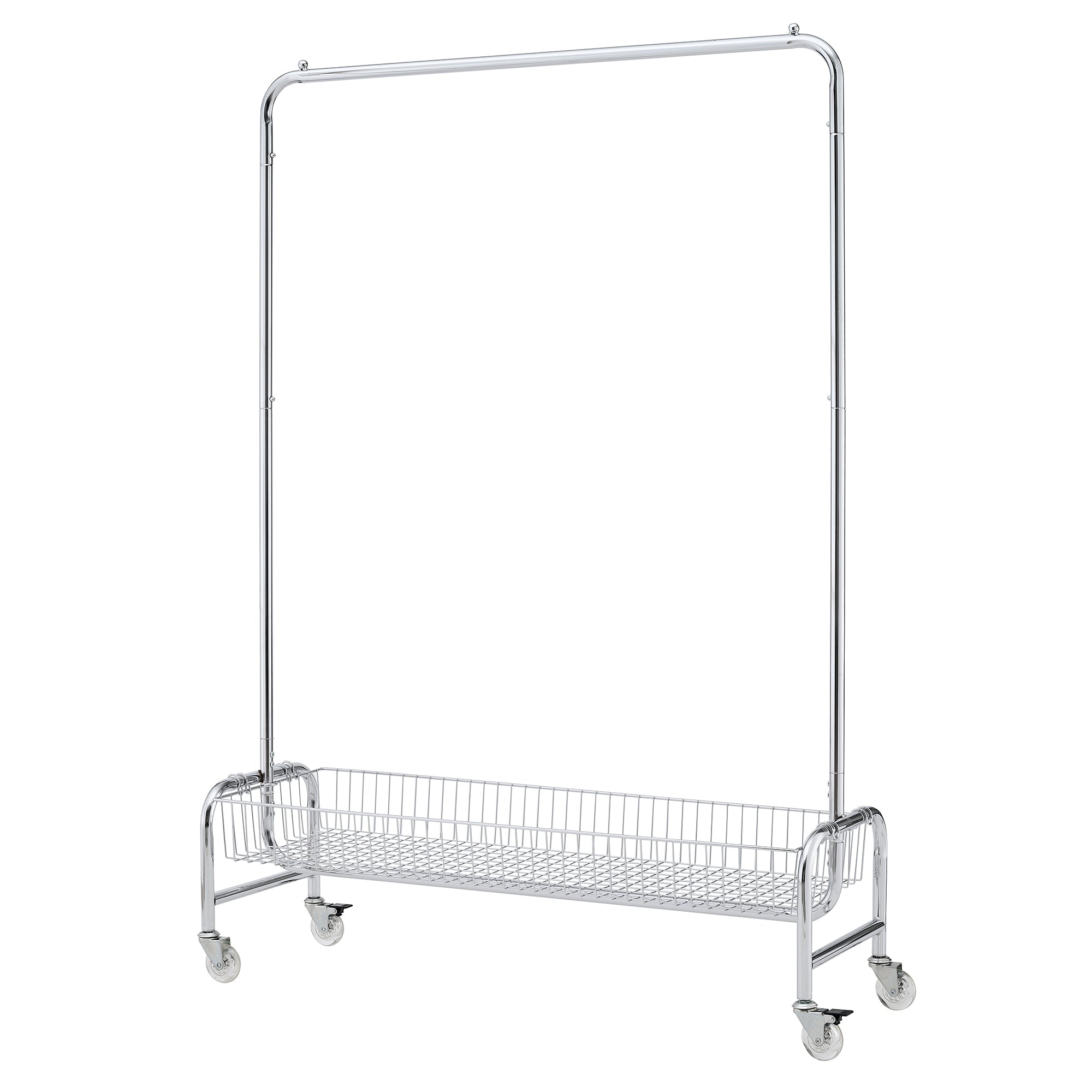 Heavy Duty Silver Iron Garment Rack with Basket on Wheels, 47.24 x 15.75 x 66.93 Inches - Grand Goldman Shop