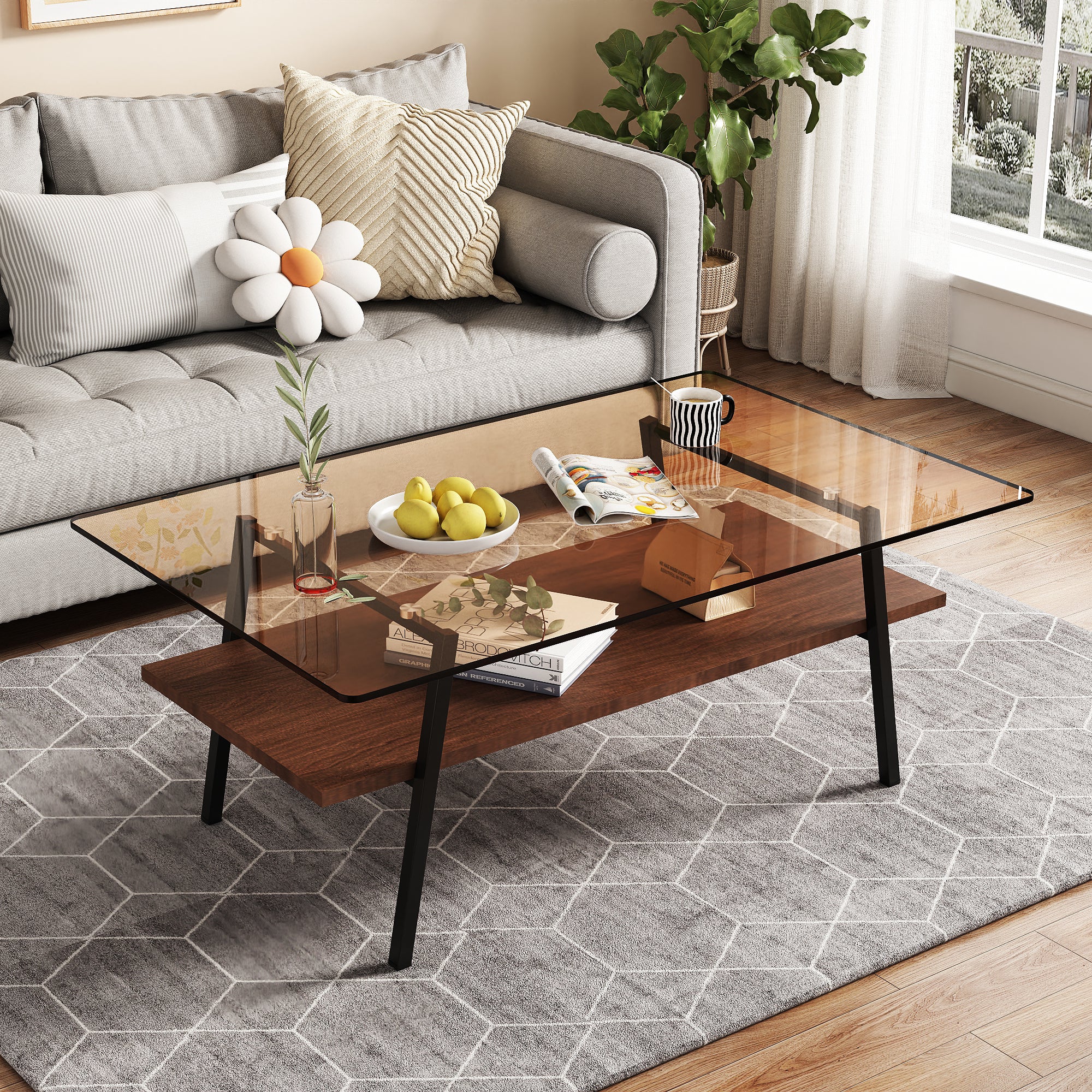 Modern Rectangular Coffee Table with Tempered Brown Glass Top and MDF Layer – Table for Living Room - Grand Goldman Shop