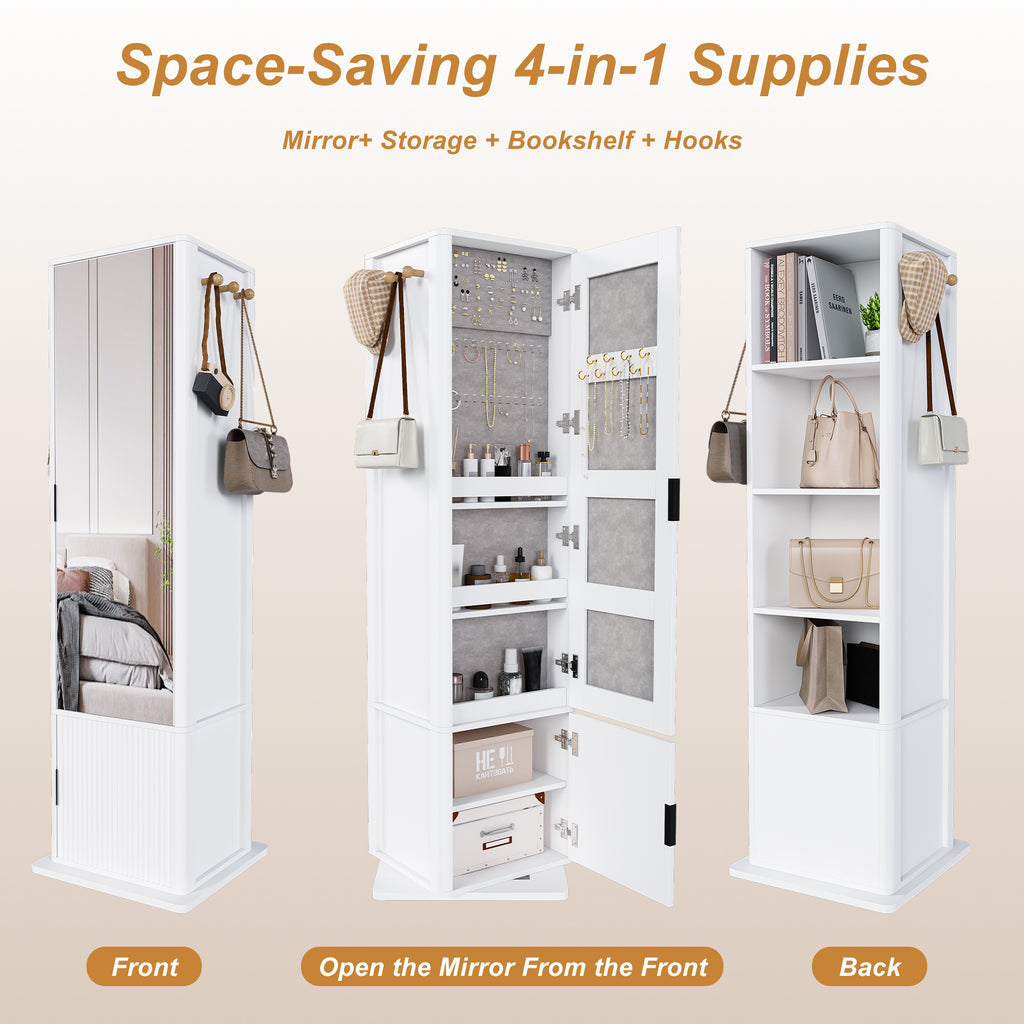 360° Rotating White Makeup Cabinet with Full-Length Mirror, Jewelry Storage, Coat Rack, 4 Open Shelves, 2 Built-In Shelves, MDF and Glass - Grand Goldman Shop