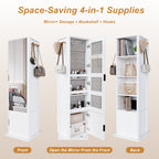 360° Rotating White Makeup Cabinet with Full-Length Mirror, Jewelry Storage, Coat Rack, 4 Open Shelves, 2 Built-In Shelves, MDF and Glass - Grand Goldman Shop
