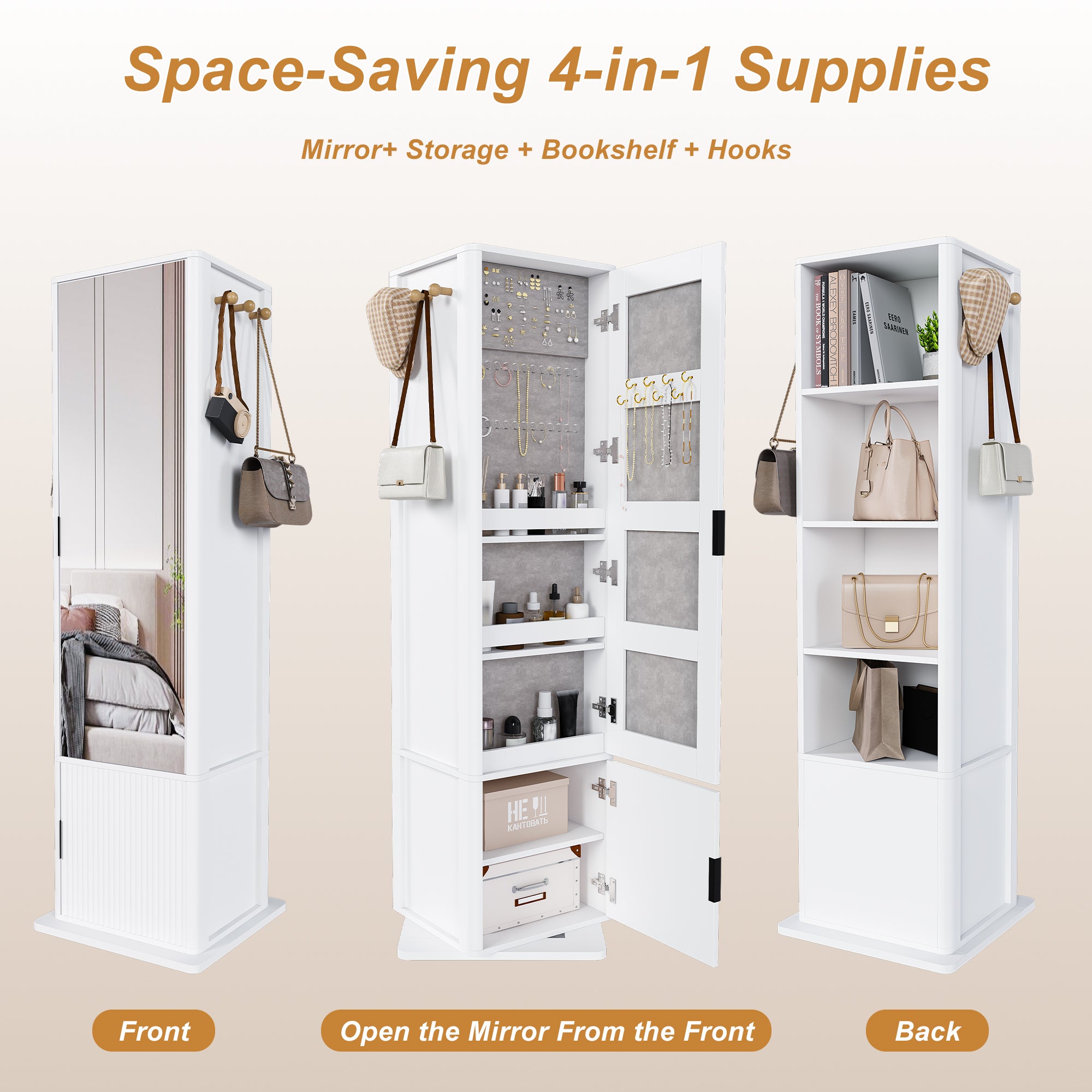 360° Rotating White Makeup Cabinet with Full-Length Mirror, Jewelry Storage, Coat Rack, 4 Open Shelves, 2 Built-In Shelves, MDF and Glass - Grand Goldman Shop