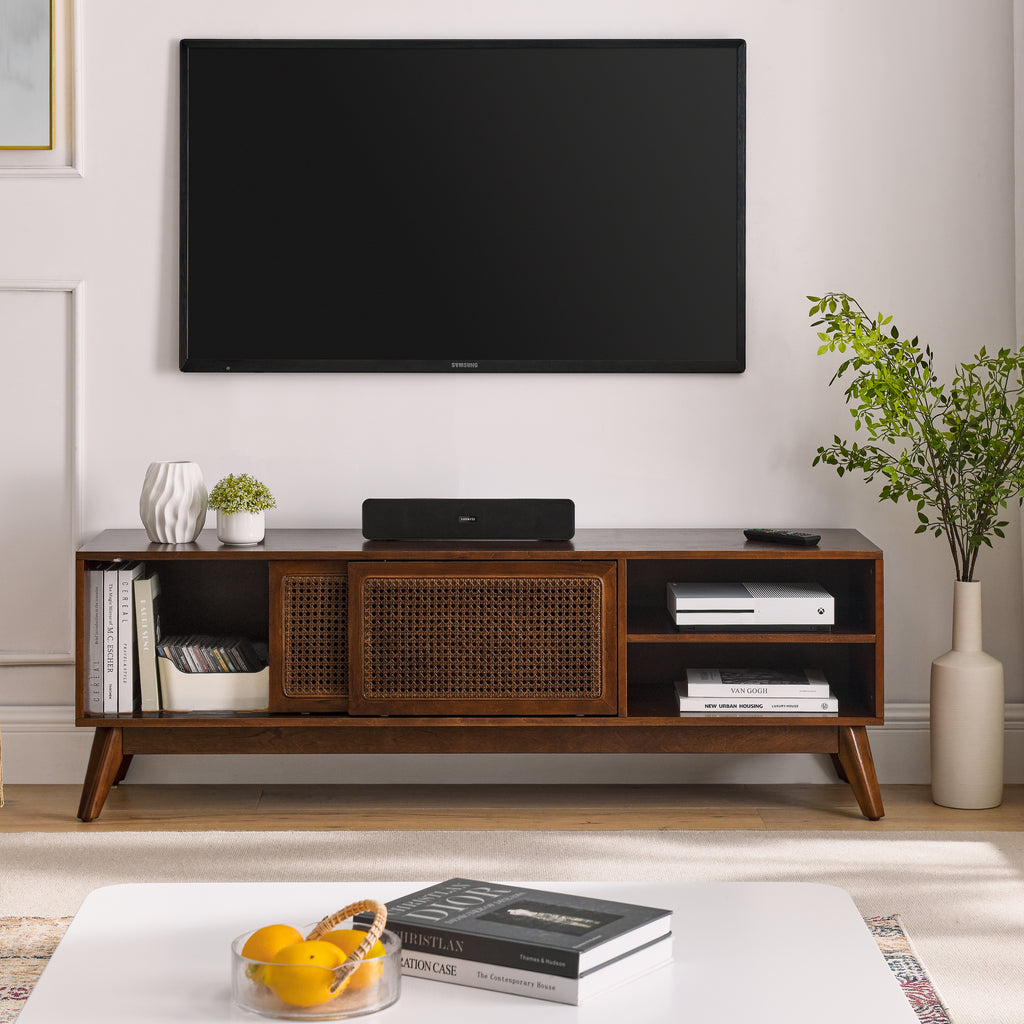 59 Inch Mid Century Modern Rattan TV Stand for 65 Inch TV, Entertainment Cabinet, Media Console for Living Room Media Room, Solid Wood Feet & Rattan Cabinet Doors - Dark Wood - Grand Goldman Shop