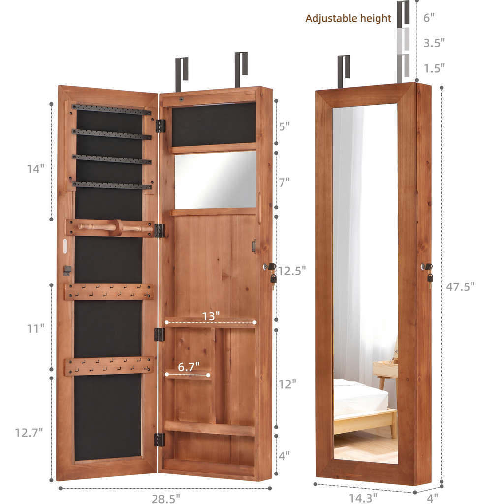 Solid Wood Jewelry Armoire Organizer Cabinet with Full-Length Mirror, Brown, Wall-Mounted Lockable with LED Light, 47.5x14.3 in - Grand Goldman Shop
