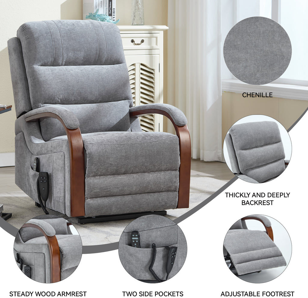 Power Grey Chenille Lift Recliner Chair Dual Motor Infinite Position Up to 350 LBS with Solid Wood Armrests, Heat Massage and Heavy Duty Motion Mechanism - Grand Goldman Shop