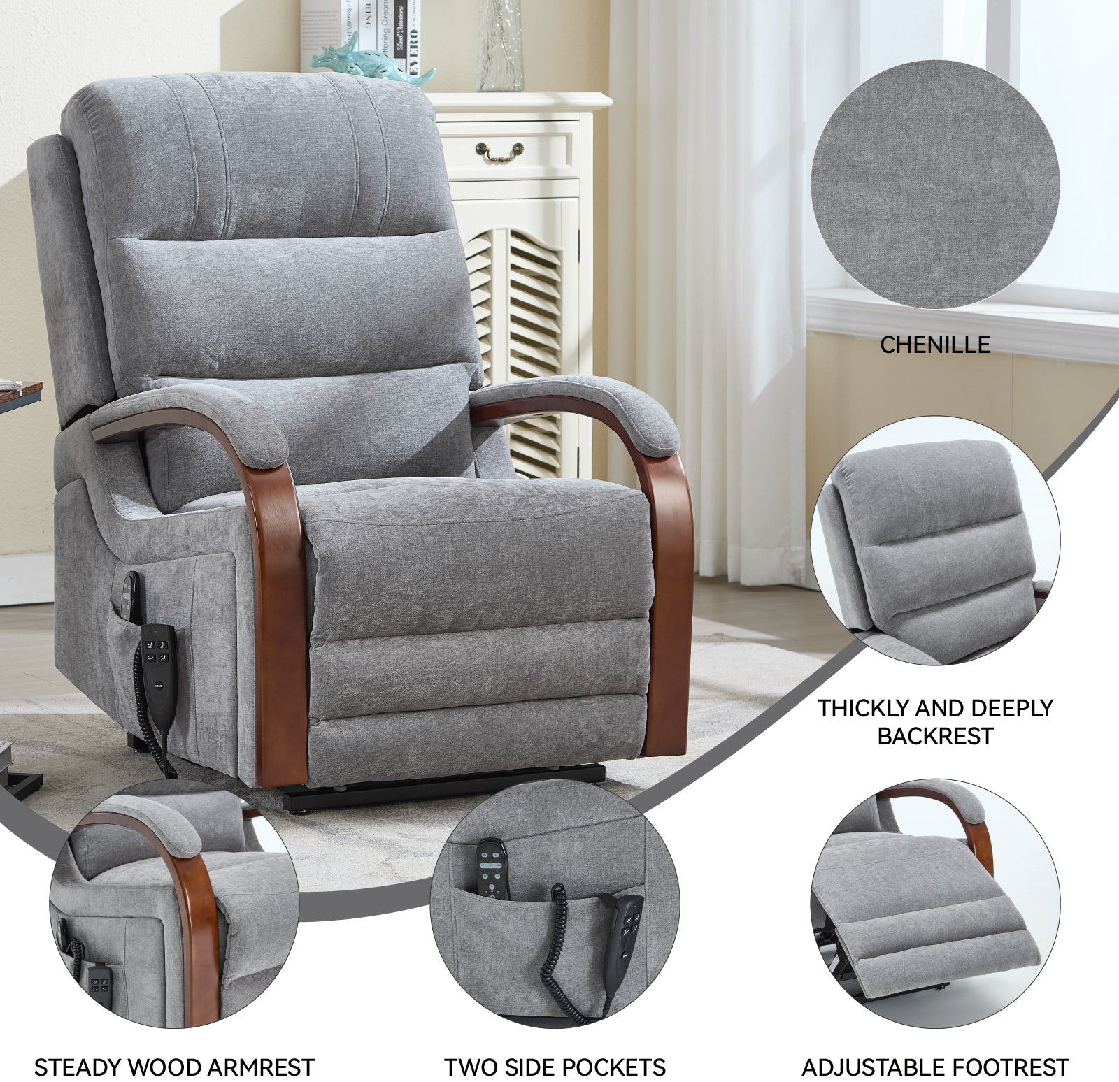 Power Grey Chenille Lift Recliner Chair Dual Motor Infinite Position Up to 350 LBS with Solid Wood Armrests, Heat Massage and Heavy Duty Motion Mechanism - Grand Goldman Shop