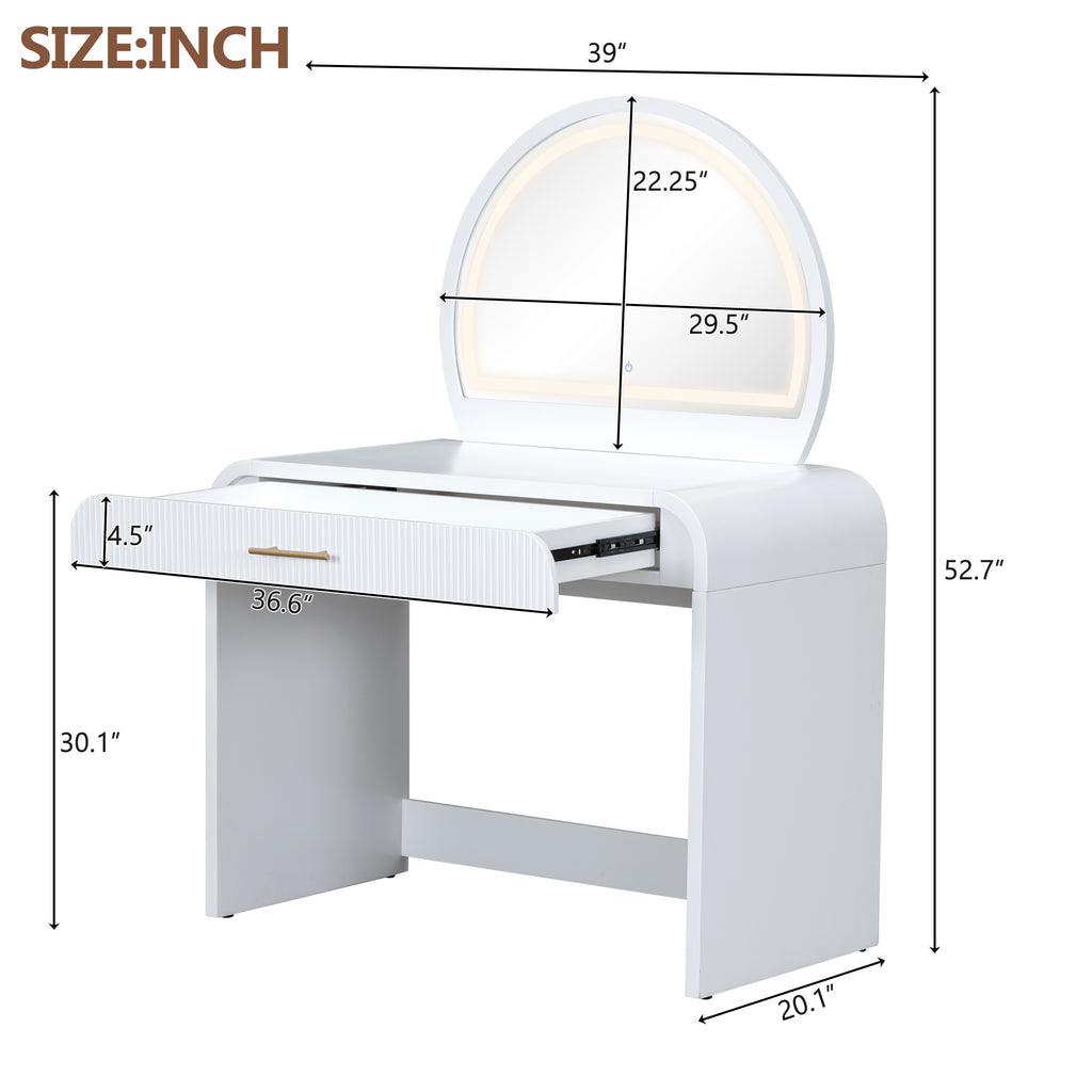 39' Makeup Vanity Table with Mirror Touch Screen Lighted Mirror, Dressing Table with Drawer for Bedroom, White - Grand Goldman Shop