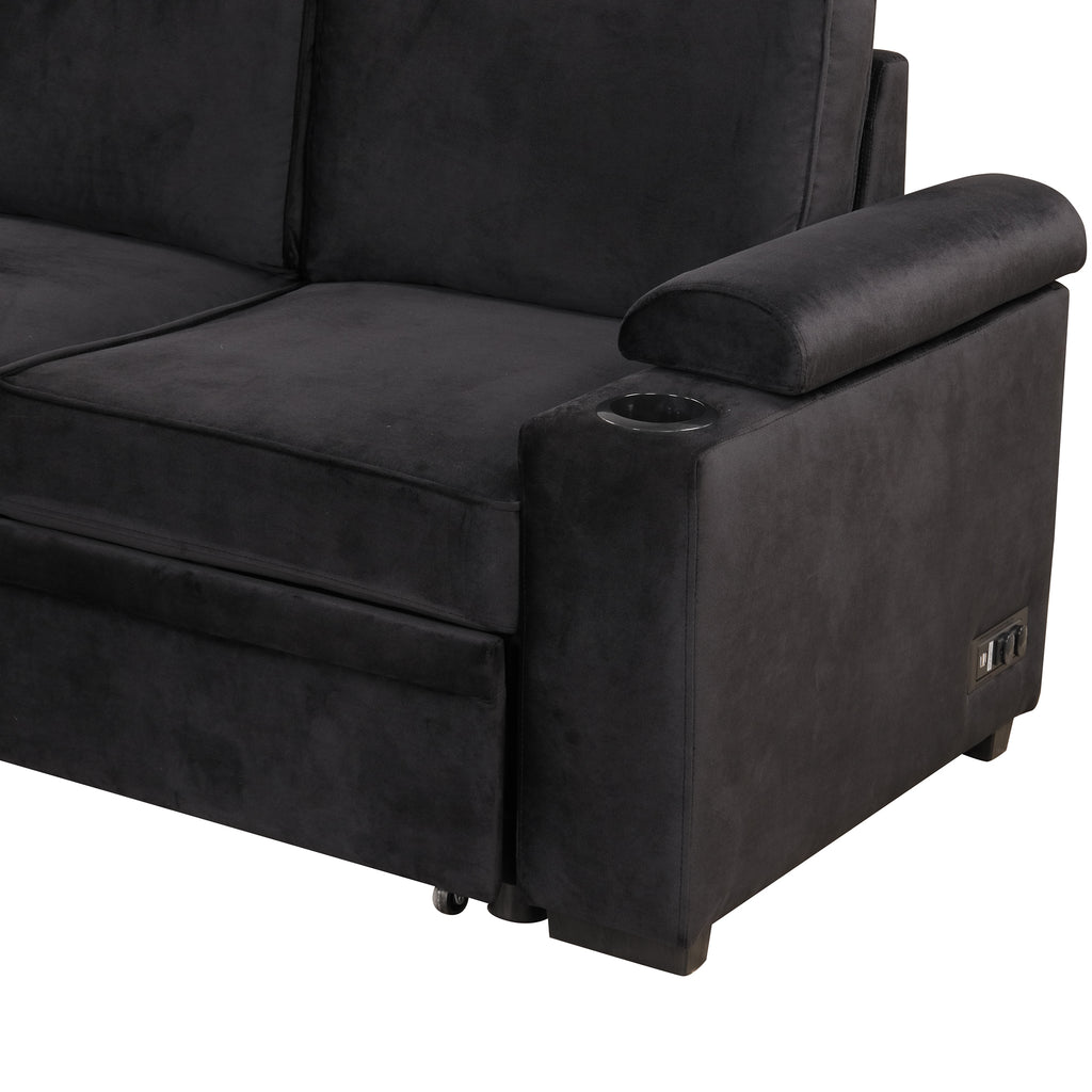 Modern Velvet Sleeper Sofa Bed with Storage Ottoman, Black, 84.75' L Shape - Grand Goldman Shop