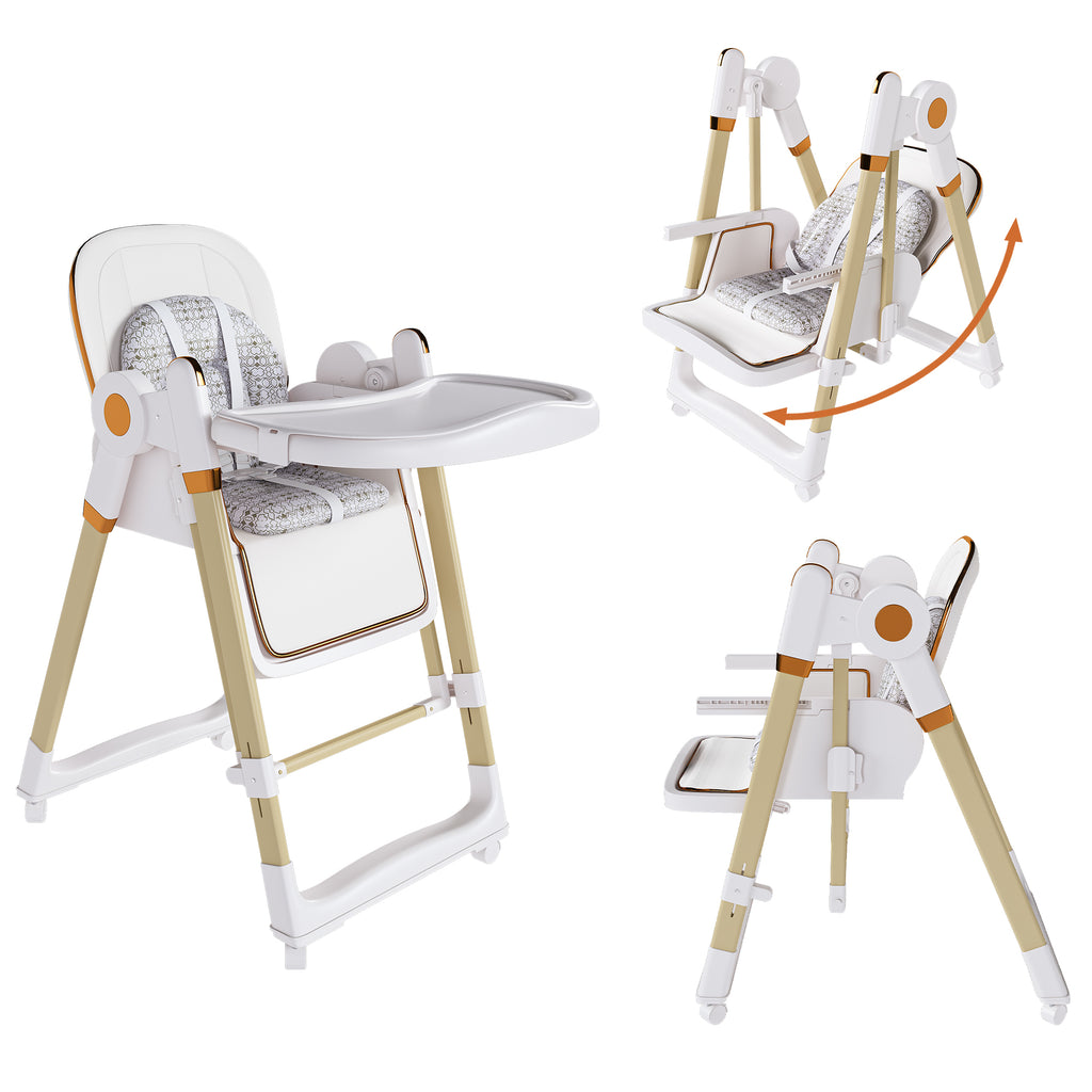 Convertible Baby High Chair to Rocker with 5-Point Harness, Foldable Infant Feeding Chair in White with Removable 2-Tier Easy
