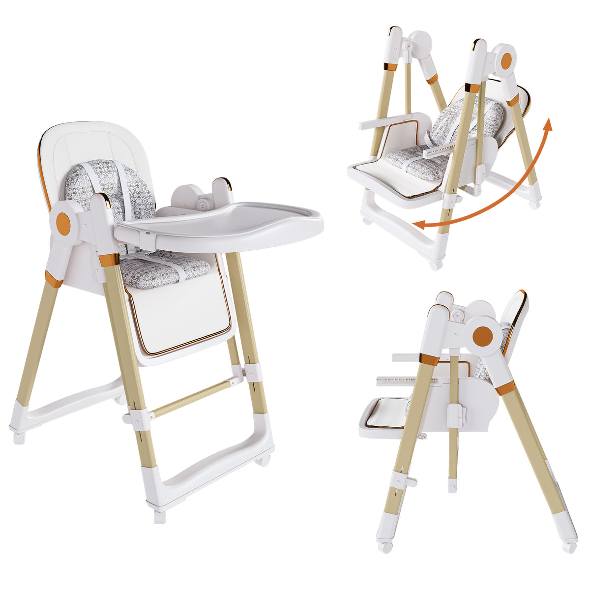 Convertible Baby High Chair to Rocker with 5-Point Harness, Foldable Infant Feeding Chair in White with Removable 2-Tier Easy