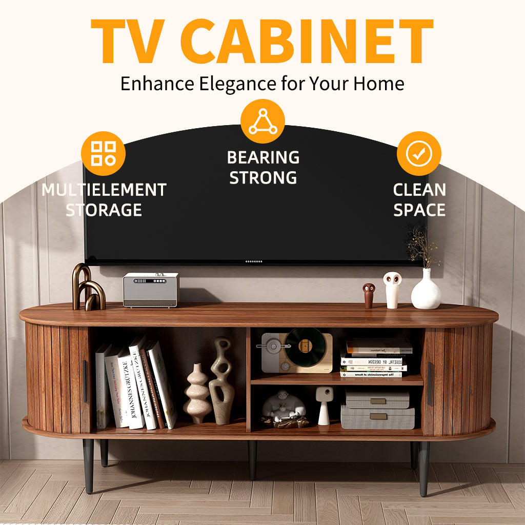 TV Stand, 55' Modern TV Console Table with Storage Compartment and Sliding Door, Gaming Entertainment Center with Cabinet for Living Room, Bedroom, Office (Walnut) - Grand Goldman Shop